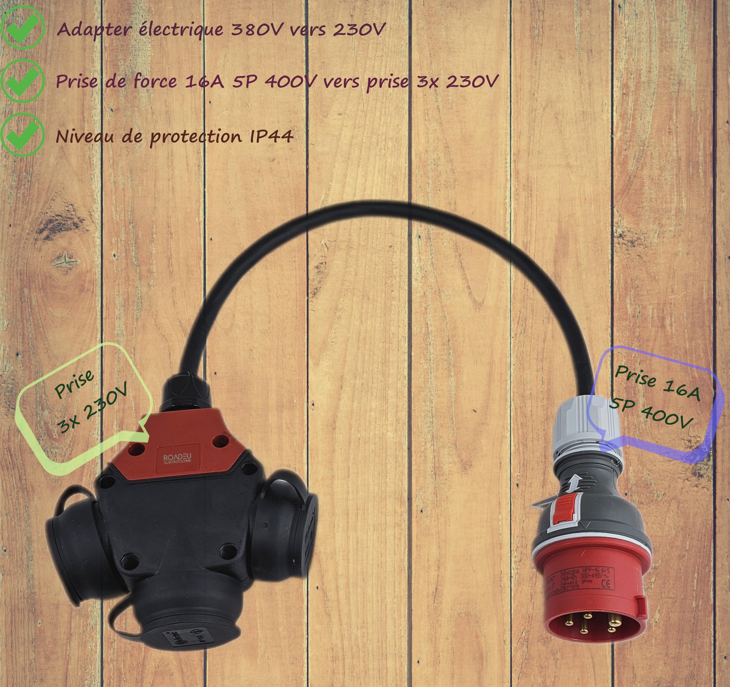 RoadEu Adapter przemysłowy przedłużający 0,5 m, adapter CEE 16A 380V do 220V z 3 gniazdami 230 V, przewód gumowy 5 x 2,5 mm², idealny do garażu, szopy lub fabryki