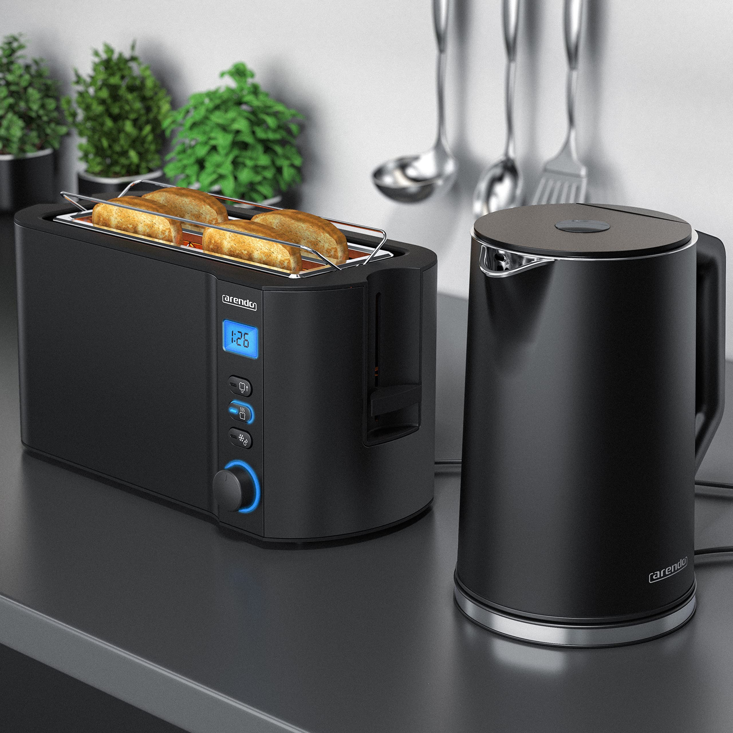 Arendo Wasserkocher Toaster SET Edelstahl Schwarz 1,5L 40-100°C Warmhaltefunktion 4 Scheiben LED-Display 6 Bräunungsgrade
