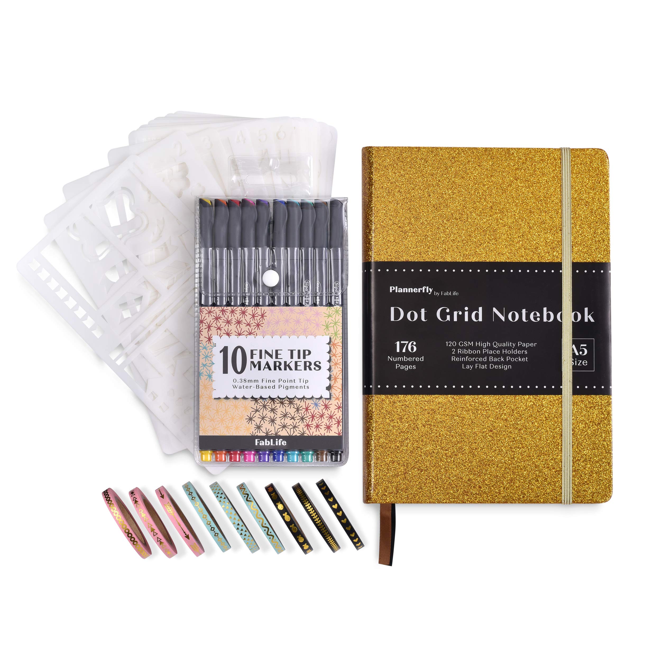 Journal Set - A5 Dotted Bullet Planner, Numbered Pages, 120gsm Paper + Fineliners + Stencils + Washi (Gold Glitter)