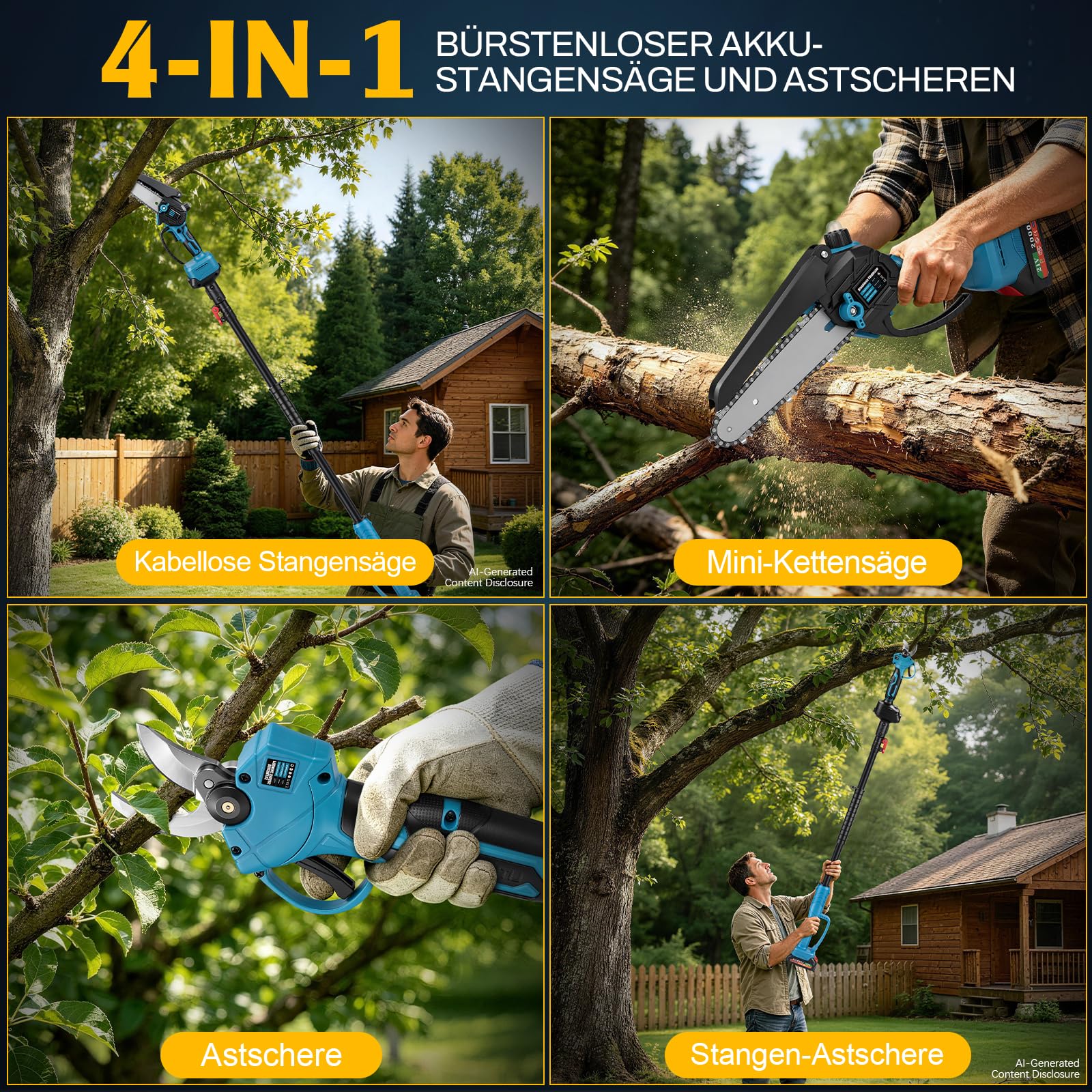 4-in-1 Akku Hochentaster kompatibel mit Makita 18V Akku | Bürstenloser 6 Zoll Mini Kettensäge & 25 mm Elektrische Astschere mit Teleskopstange & 2 x 2.0Ah Akkus, Arbeitsreichweite 4m