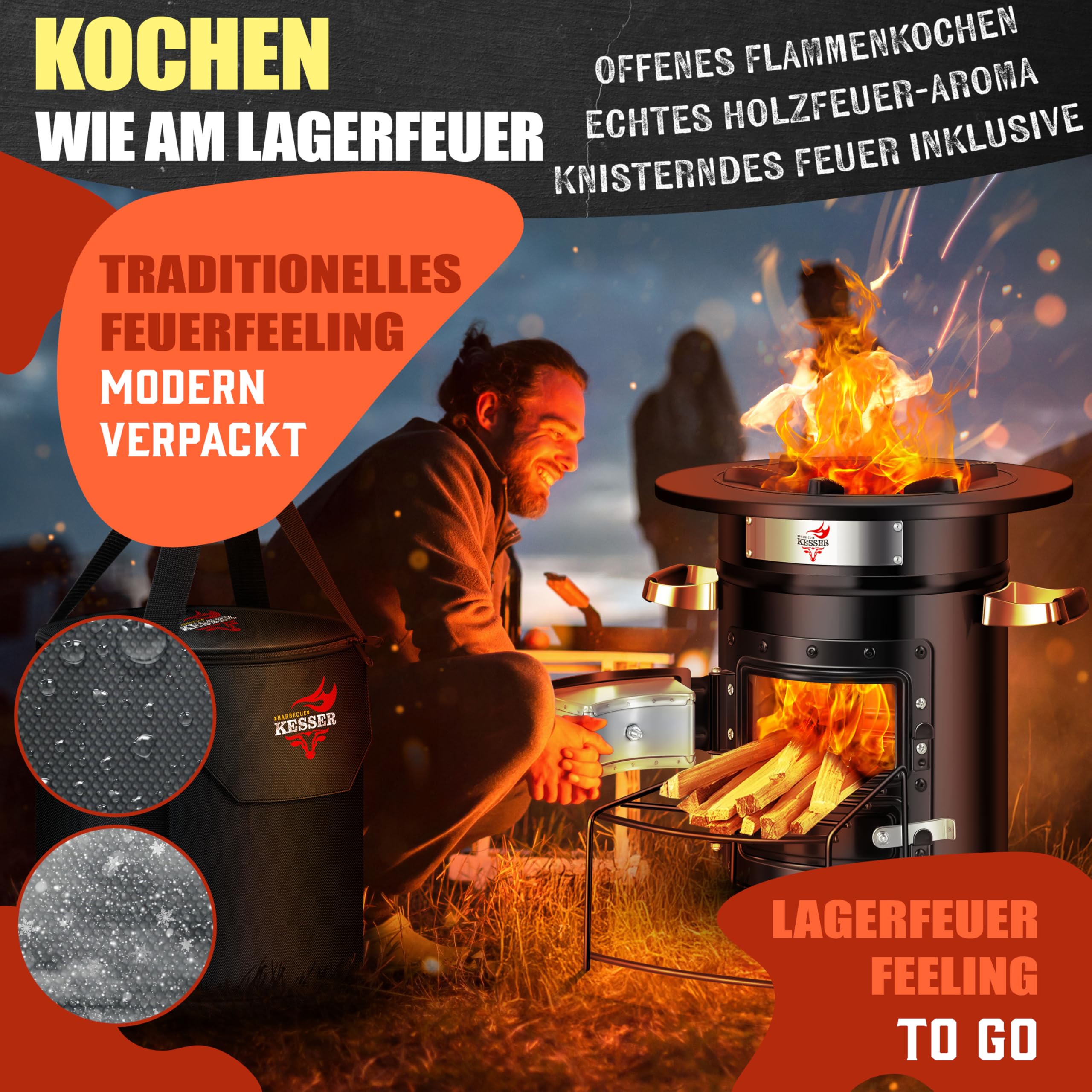 KESSER® Horno de Cohetes Con Sartén de Hierro Fundido, Parrilla, Pinzas y Bolsa de Transporte, Horno Holandés Para Barbacoa, Cohete de Leña, Camping, de Acero Inoxidable