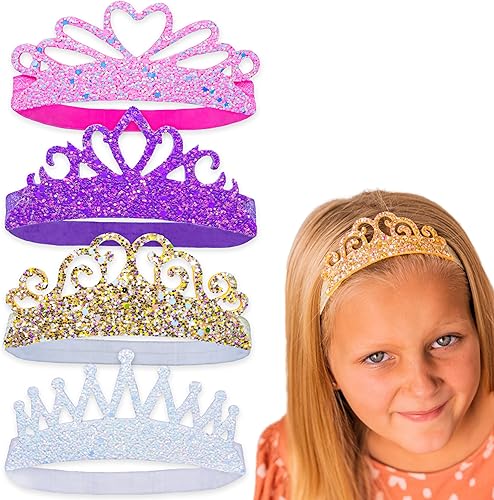FROG SAC 4 diademas de tiara con purpurina para niñas, bandas elásticas para el cabello con corona de princesa para niños pequeños, accesorios