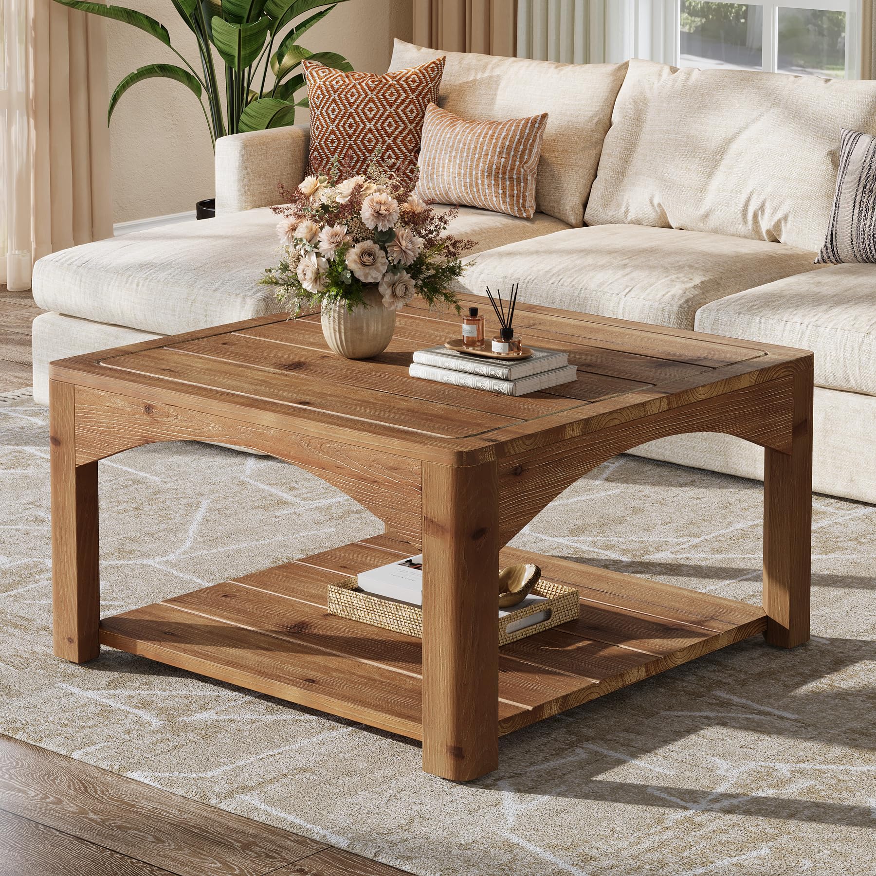 TRIBEWOOD Square Coffee Table, 31.5" Solid Wood Coffee Table, 2-Tier Farmhouse Center Table for Living Room, Brown