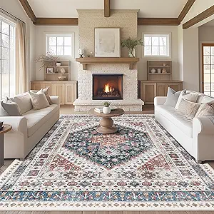 Madane Washable Rug 8x10 Area Rugs for Living Room, Ultra-Thin Non-Slip Backing Rug, Stain Resistant Vintage Large Area Rug for Bedroom (Navy Blue, 8'x10')