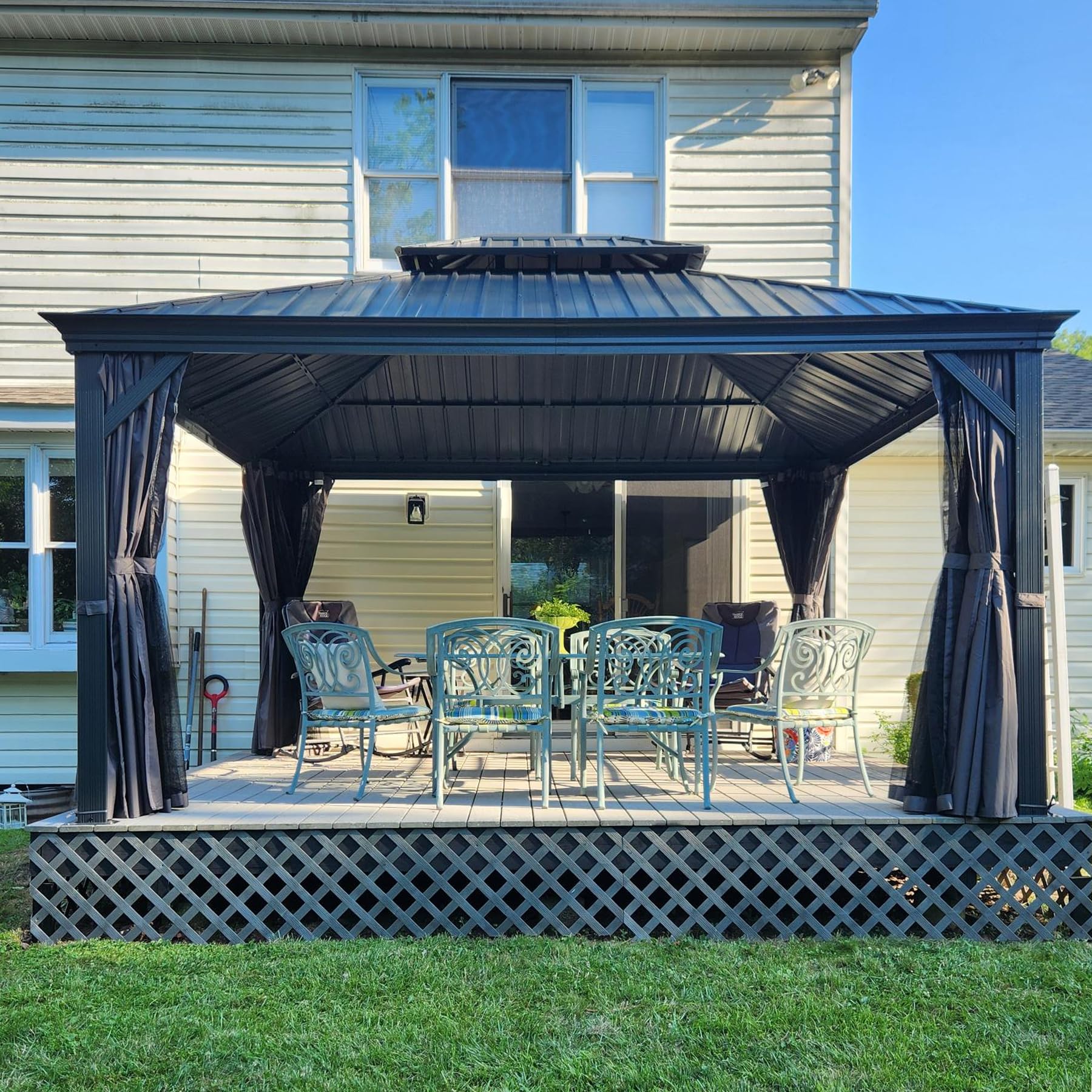Domi 12' X 14' Hardtop Gazebo Permanent Aluminum Outdoor Gazebo with Galvanized Steel Double Roof, Drainage Gutters, Curtains, and Netting for Party,