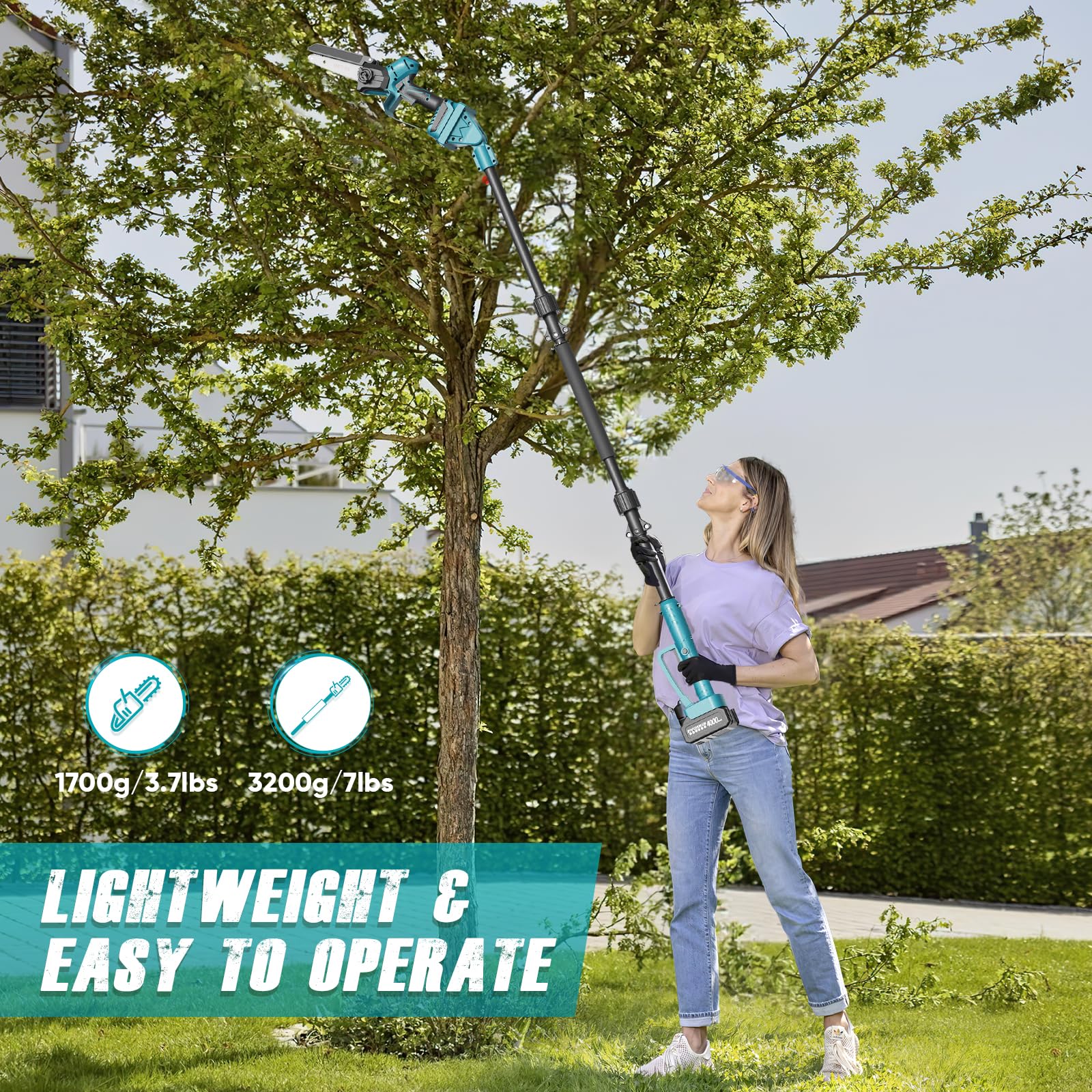 2 in 1 Perche Élagueuse 6 et 8 Pouces, Mini Tronçonneuse avec 2 Batteries 4000 mAh, 4 Longueurs Peuvent être Epissées Extension jusqu'à 14.1FT Élagueuse pour le Jardin, le Branches et le Bois