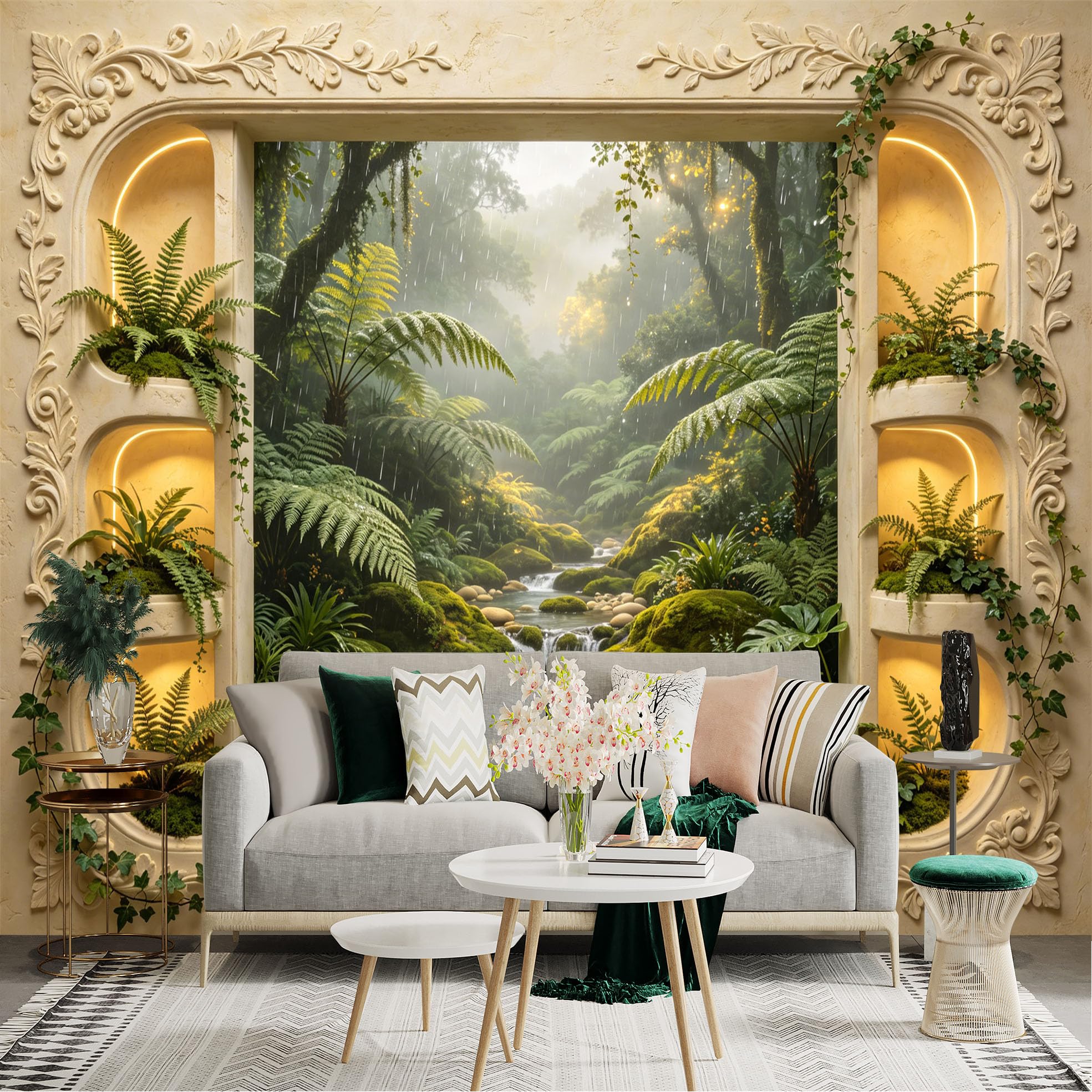 Custom Size Wall Sticker Mural， Tropical Forest with Waterfall Stream and Lush Green Plants， for wall Decoration， peelandstick wall Decals.