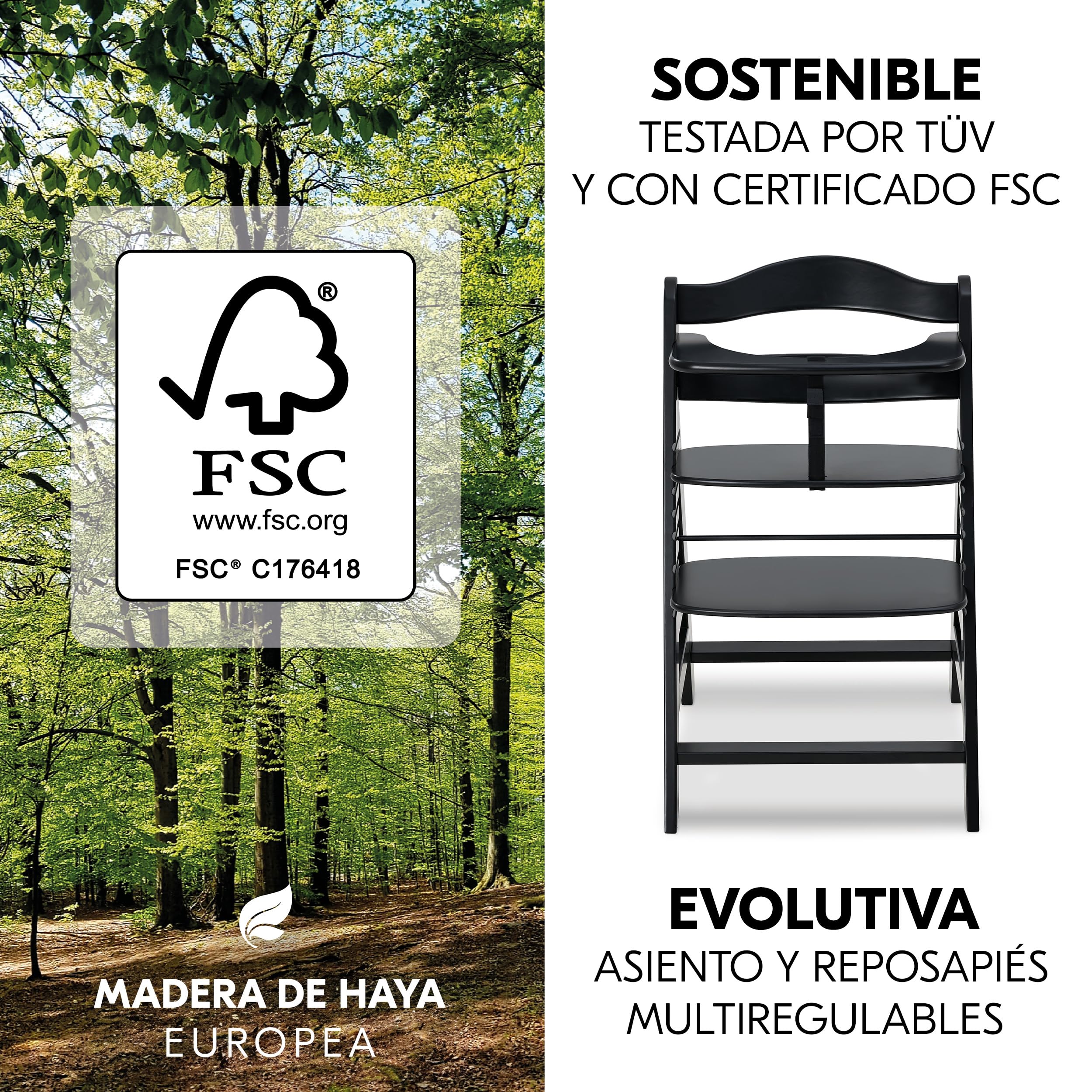 hauck Alpha Plus Newborn Set Deluxe Trona Evolutiva Bebe con Hamaca, Cojín y Arnés - Hamaca Alta Reclinable desde el Nacimiento - Silla Madera Niño Regulable - Tronas Infantiles de Madera - Negro | Trona de madera para niños desde el nacimiento hasta 90 k