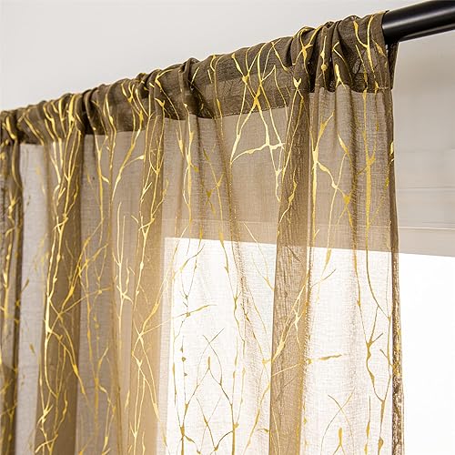 Miniatura 4 de Deeprove Cortinas traslúcidas de 63 pulgadas de largo, 2 paneles, rama de árbol de lámina dorada, estampado metálico para dormitorio, decoración