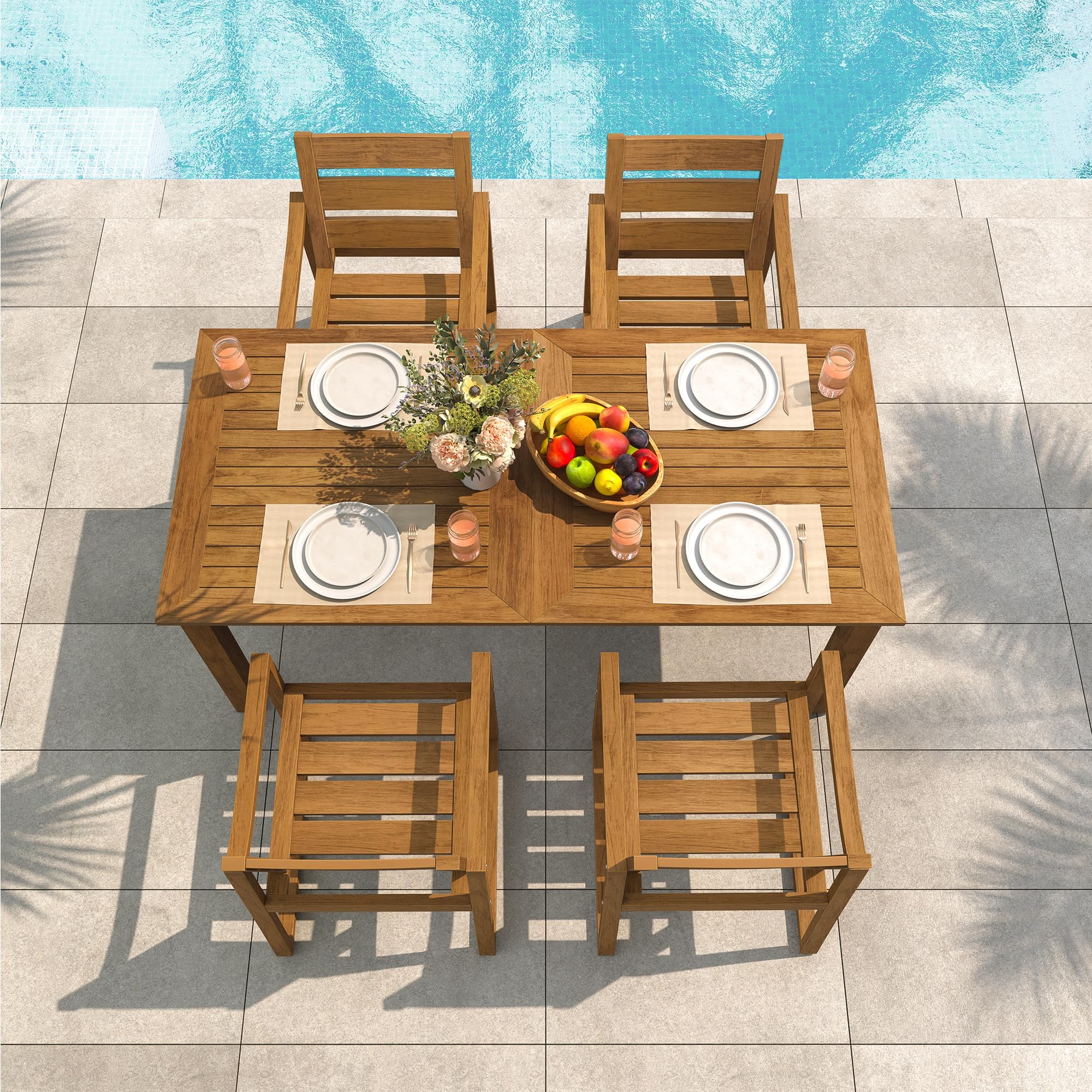 Cozyman Patio Table and Chairs Set, HDPS 5-Piece Outdoor Dining Set, Patio Furniture for Deck, Poolside, and Backyard, Teak Color-Oil Printed