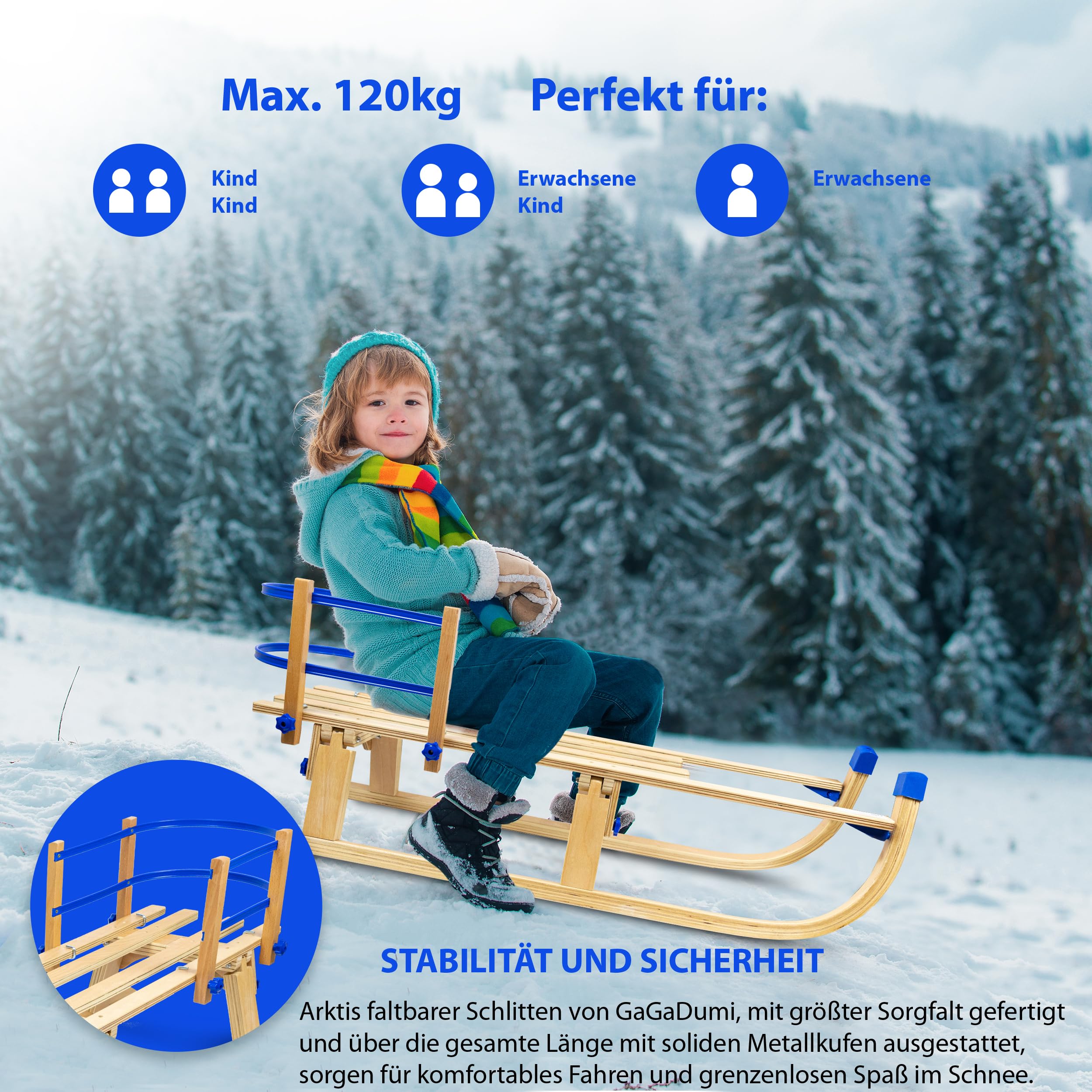 Trineo plegable de madera con respaldo Gagadumi Arctis – Trineo Niños Infantil Resistente y ahorra espacio para el invierno, ideal para diversión en la nieve y aventuras al aire libre