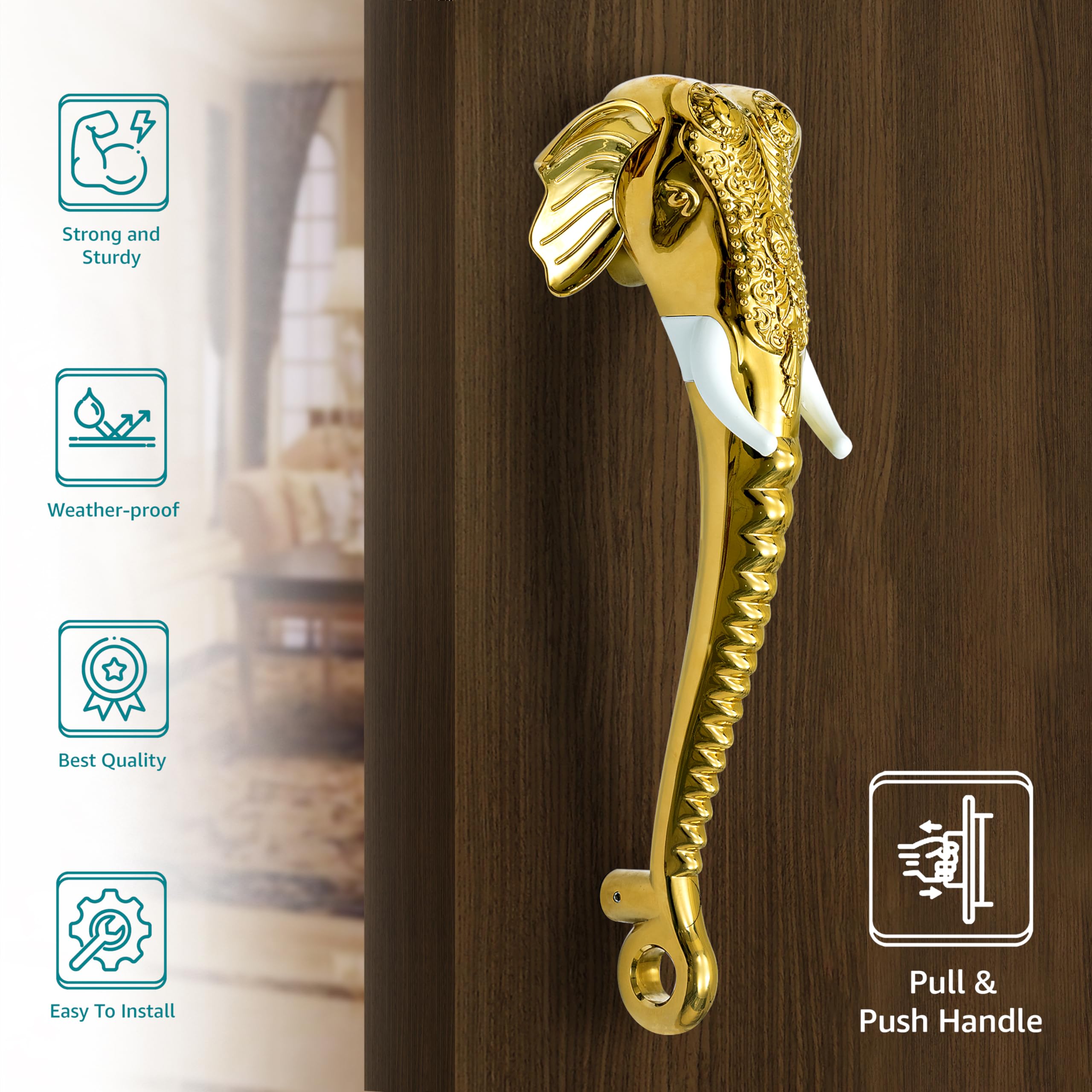 Plantex Premium Elephant Main Door Handle/17-inches Door Handle Main Door/Pull Push Handle/Door and Home Decor - Pack of 1 (677-Golden Finish) — Amazon image 2