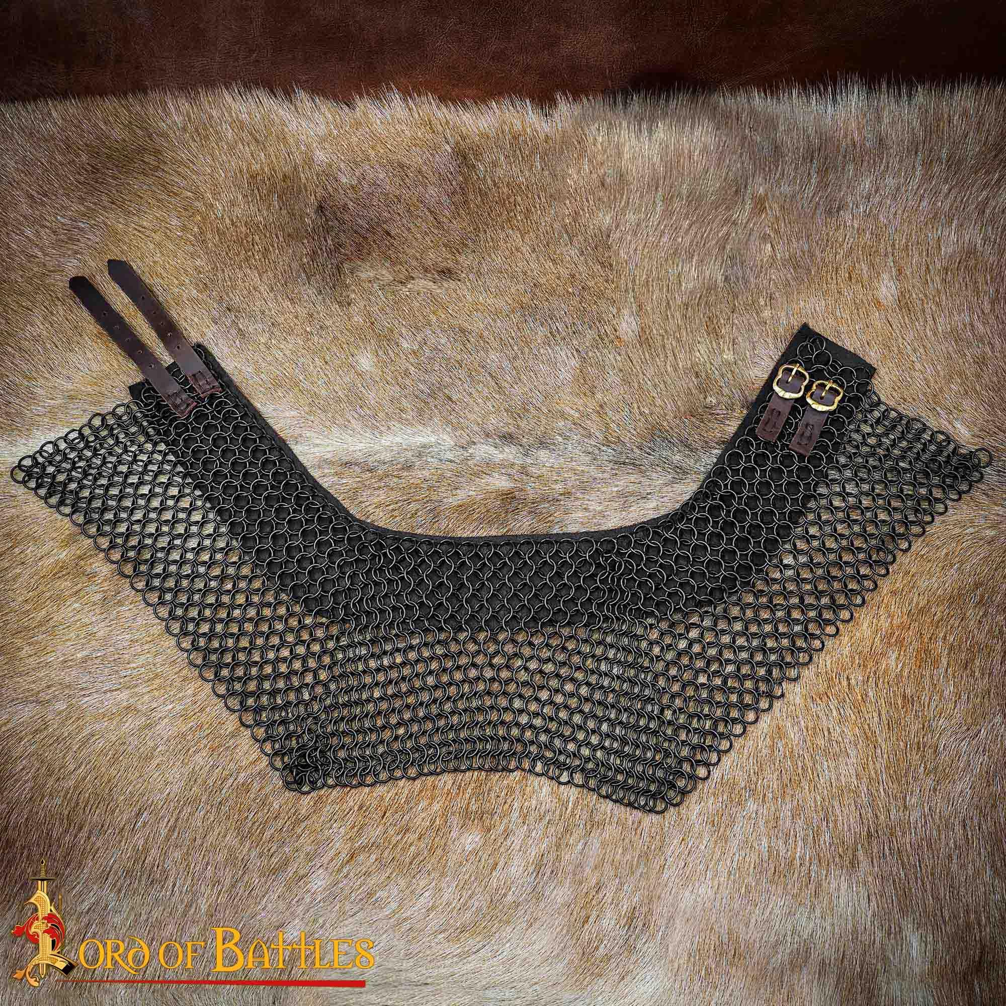Lord of Battles Kettennetz-Halsband, mittelalterlicher Halsschutz, 10 mm, 16 G, konifizierte Ringe, Baustahl, Maille, Halsschutz