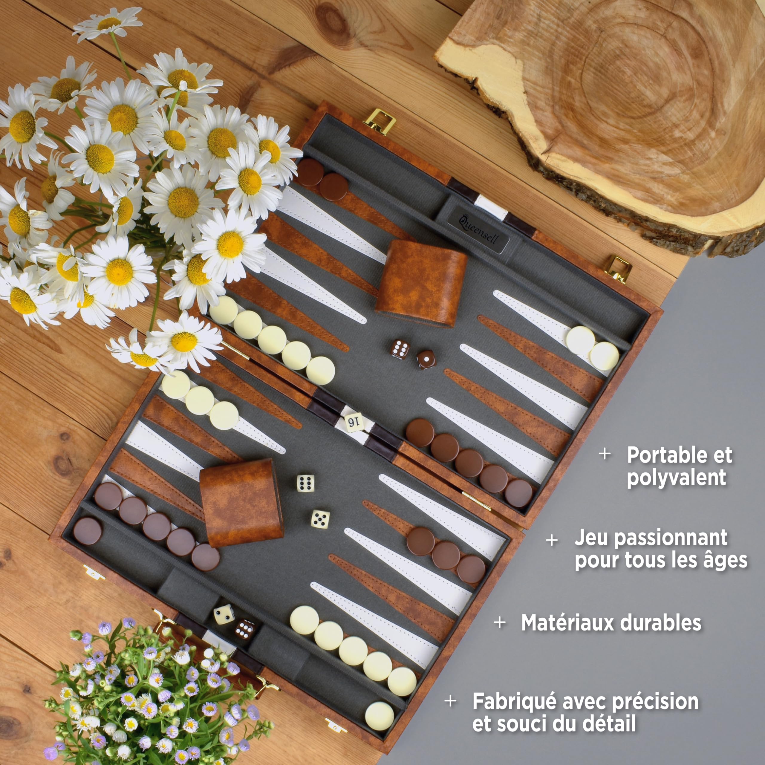 Grand Jeu De Backgammon pour Adultes - Jeux De Société Classiques pour 2 Joueurs Adultes Et Enfants - Jeu De Backgammon Premium avec Plateau 38 Cm Et 32 Pions dans Étui en Cuir PU De Qualité