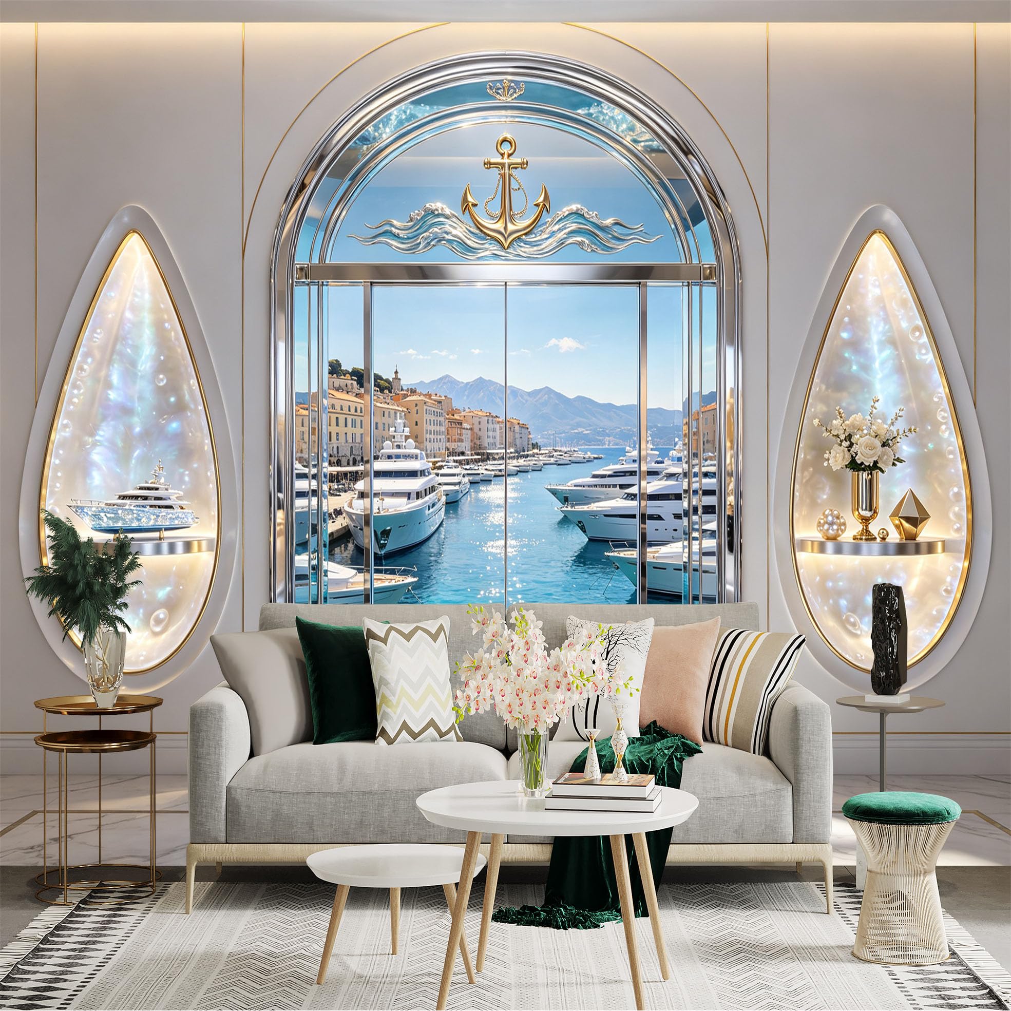 Custom Size Wall Sticker Mural， Luxury Marina with Yachts， Coastal Sea View and Arch Window， for wall Decoration， peelandstick wall Decals.