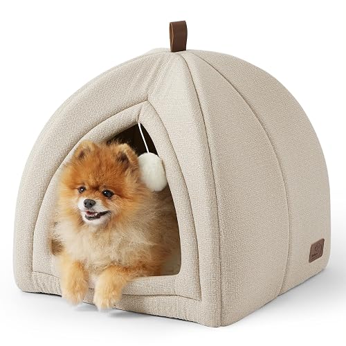 Bedsure Cat Cave Bed Igloo - Large Cat Tent Bed House with Removable Washable Cushion Pillow Foldable Portable Pet Bed, 44x44x44cm，Beige - 44 x 44 x 44 cm (L x W x H) - Beige