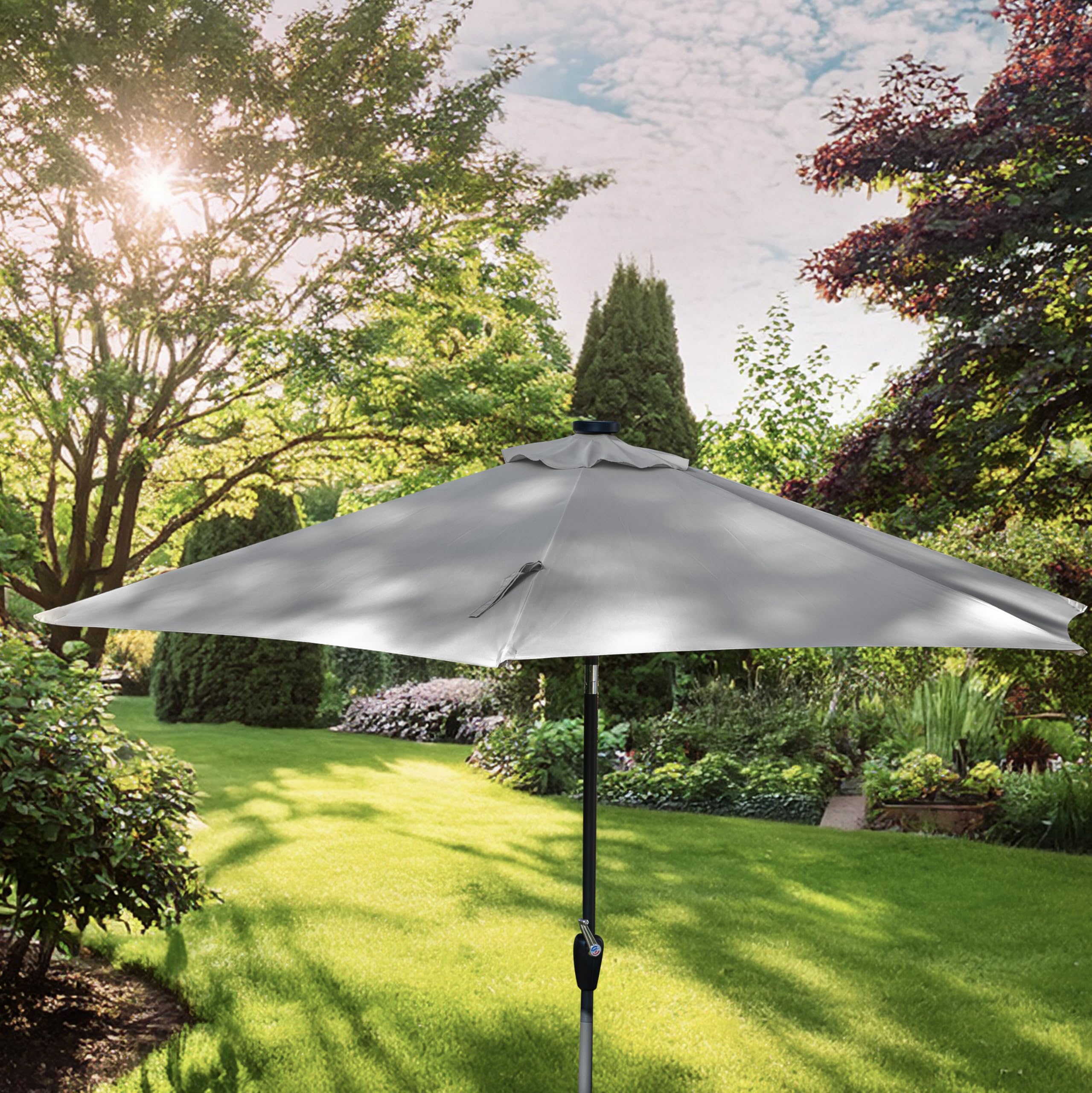 LEHMANN Sonnenschirm mit LED-Solar-Beleuchtung, Ampelschirm mit Ständer & Kurbel, Gartenschirm Wasserdicht & UV-Schutz, 360° drehbar, inkl.Schutzhülle, Sonnenschirm für Garten und Terrasse