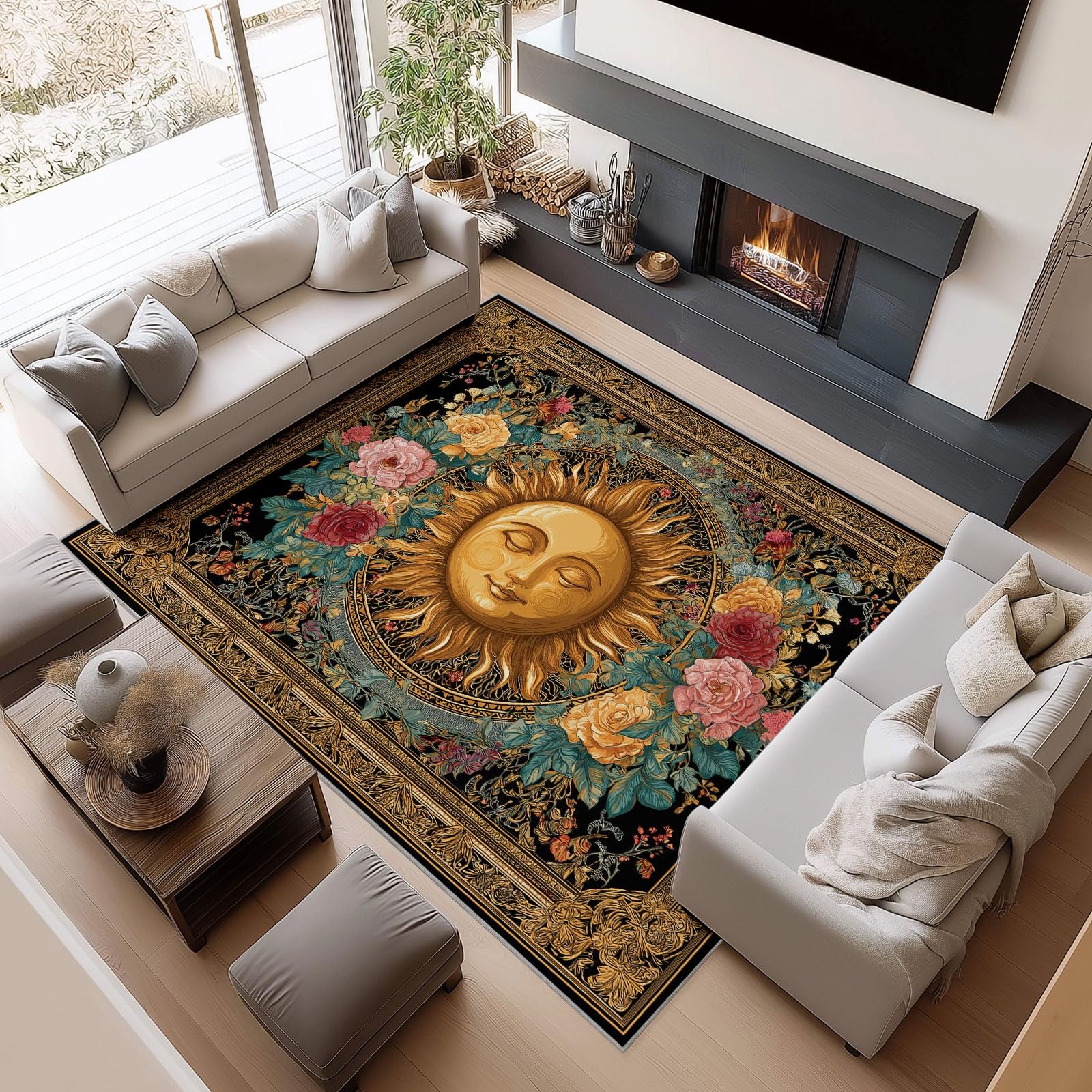 Alfombra lavable a máquina de 150 x 210 cm con diseño de sol y flor para comedor