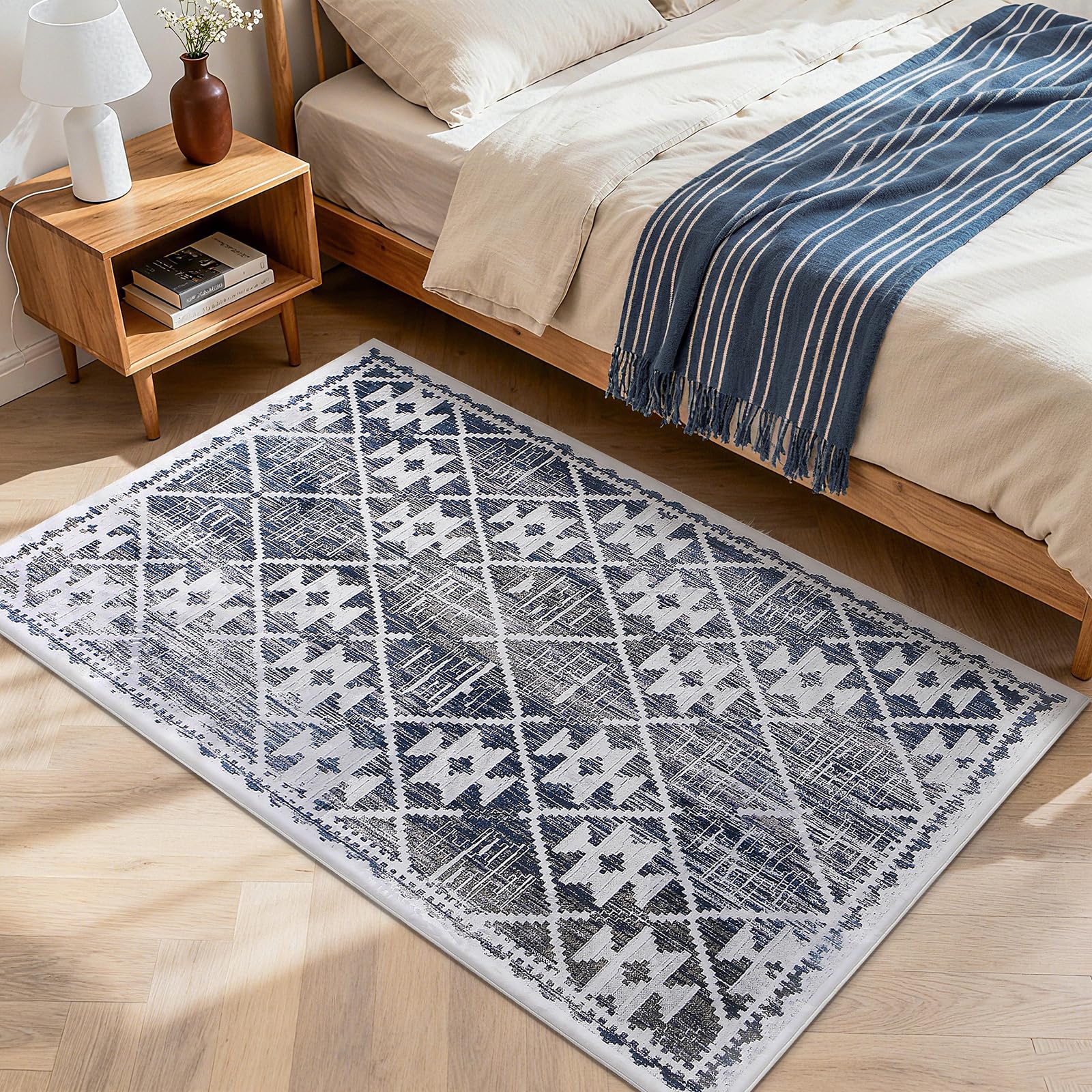 Washable Rugs for Living Room Non-Slip Area Rugs Modern Abstract Carpet Soft Short Pile Rugs for Bedroom Home Decor (Navy Blue/Ivory, 80 x 120 cm)