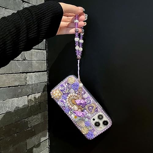 Miniatura 5 de iFiLOVE Funda con diamantes de imitación y correa de flores, 3D de lujo, con diamantes de imitación y diamantes de imitación y rosas de amor, para