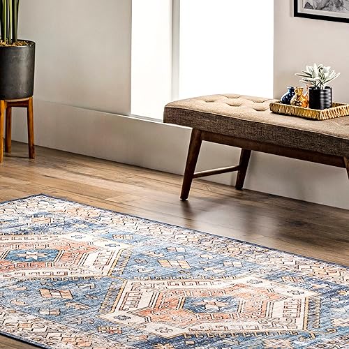 Miniatura 9 de nuLOOM Mae - Alfombra de área con motivos tribales lavable a máquina, 4 x 6 pies, color azul