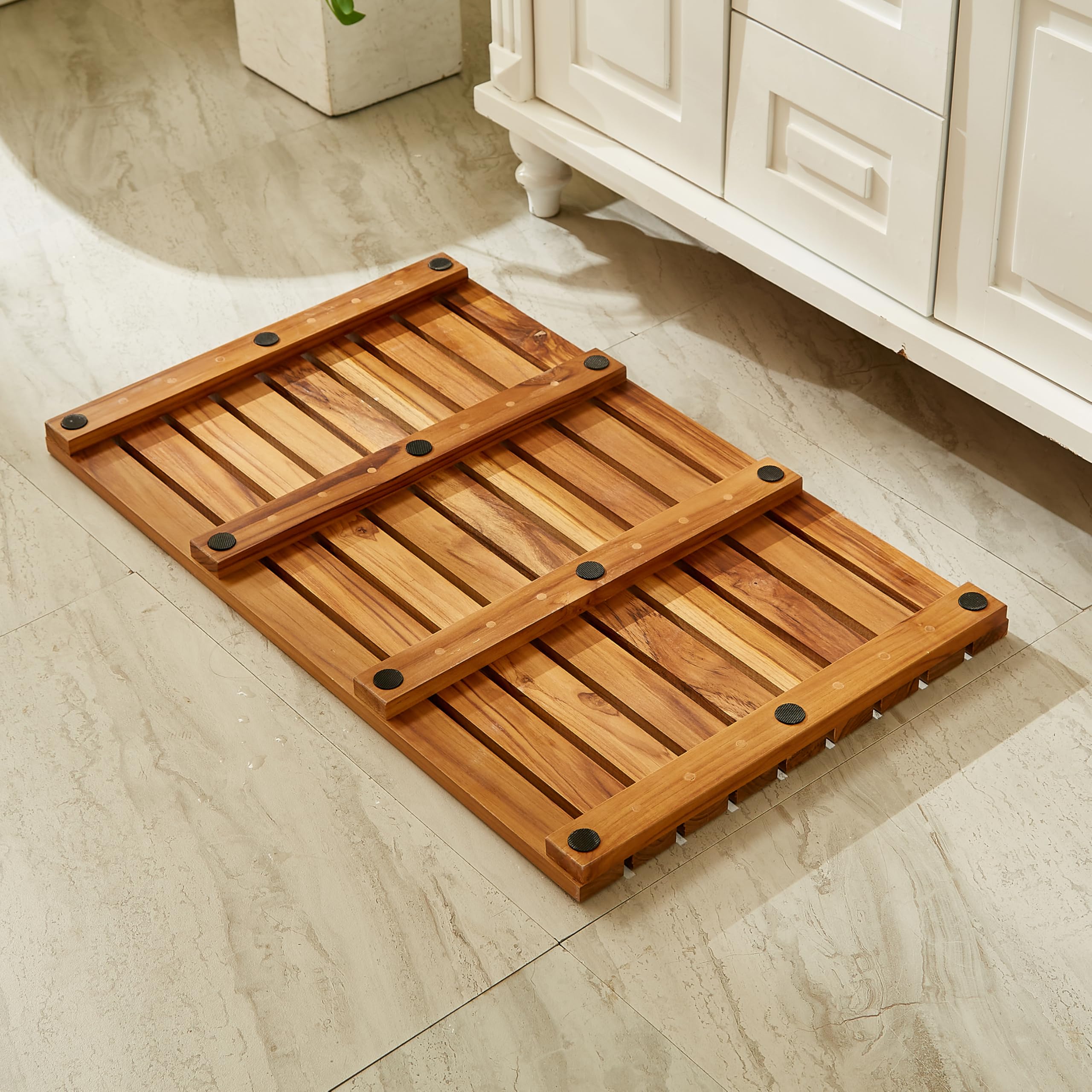 Caillebotis de Douche en Bois de Teck, 80 * 50cm, Grand Tapis de Bain avec des Patins Antidérapants, Tapis de Douche, Paillassons pour Sauna et Salle de Bain