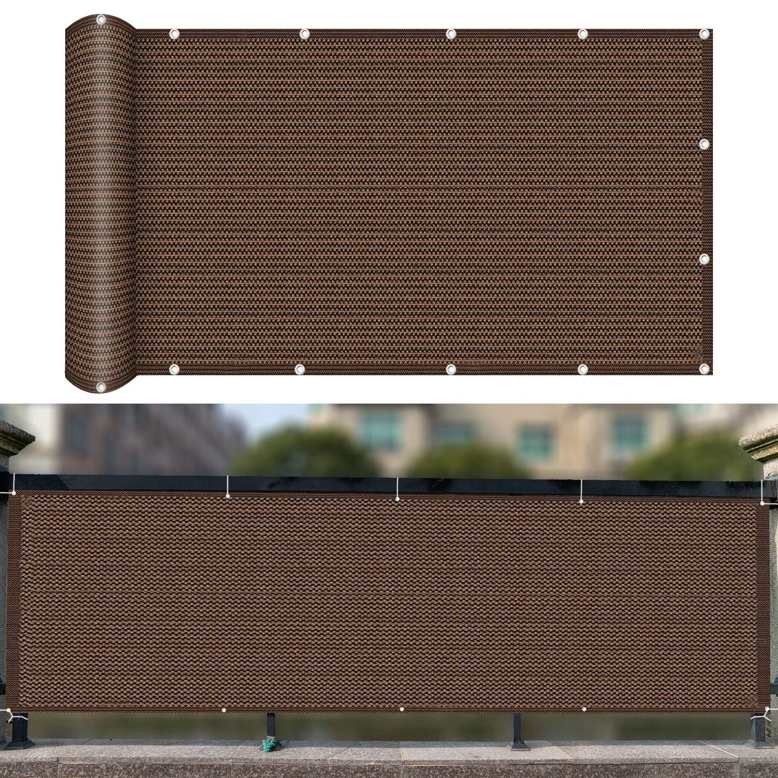 Osłona chroniąca przed wzrokiem, 105 x 850 cm, wiatroszczelna, pyłoszczelna, zawiera elementy mocujące i linę, do użytku na zewnątrz, na balkon, patio, podwórko, kolor brązowy