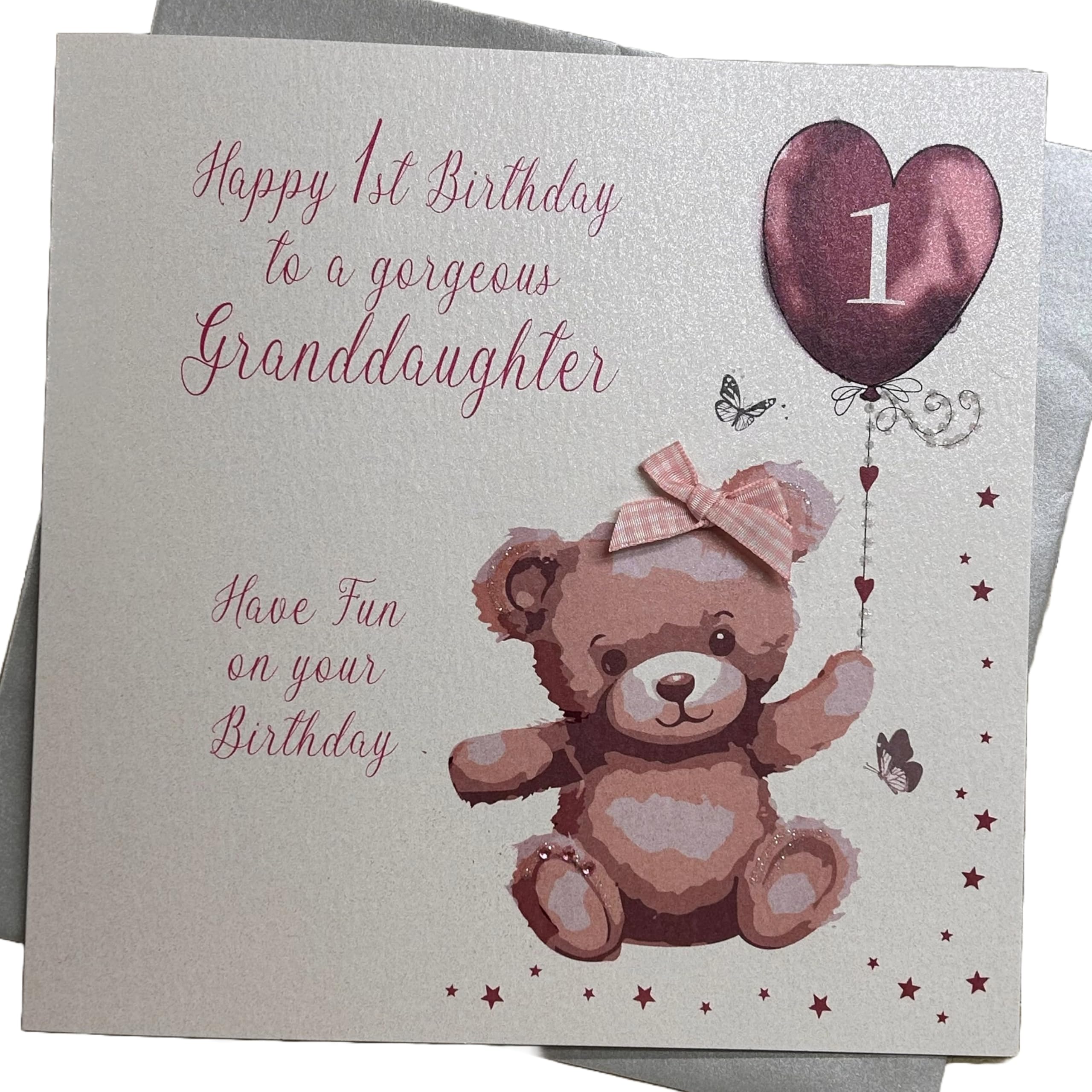 White Cotton Cards Large Pink Bunny, Gorgeous Granddaughter 1 Have Fun On Your Birthday Handmade 1St Birthday Card, Xngd1