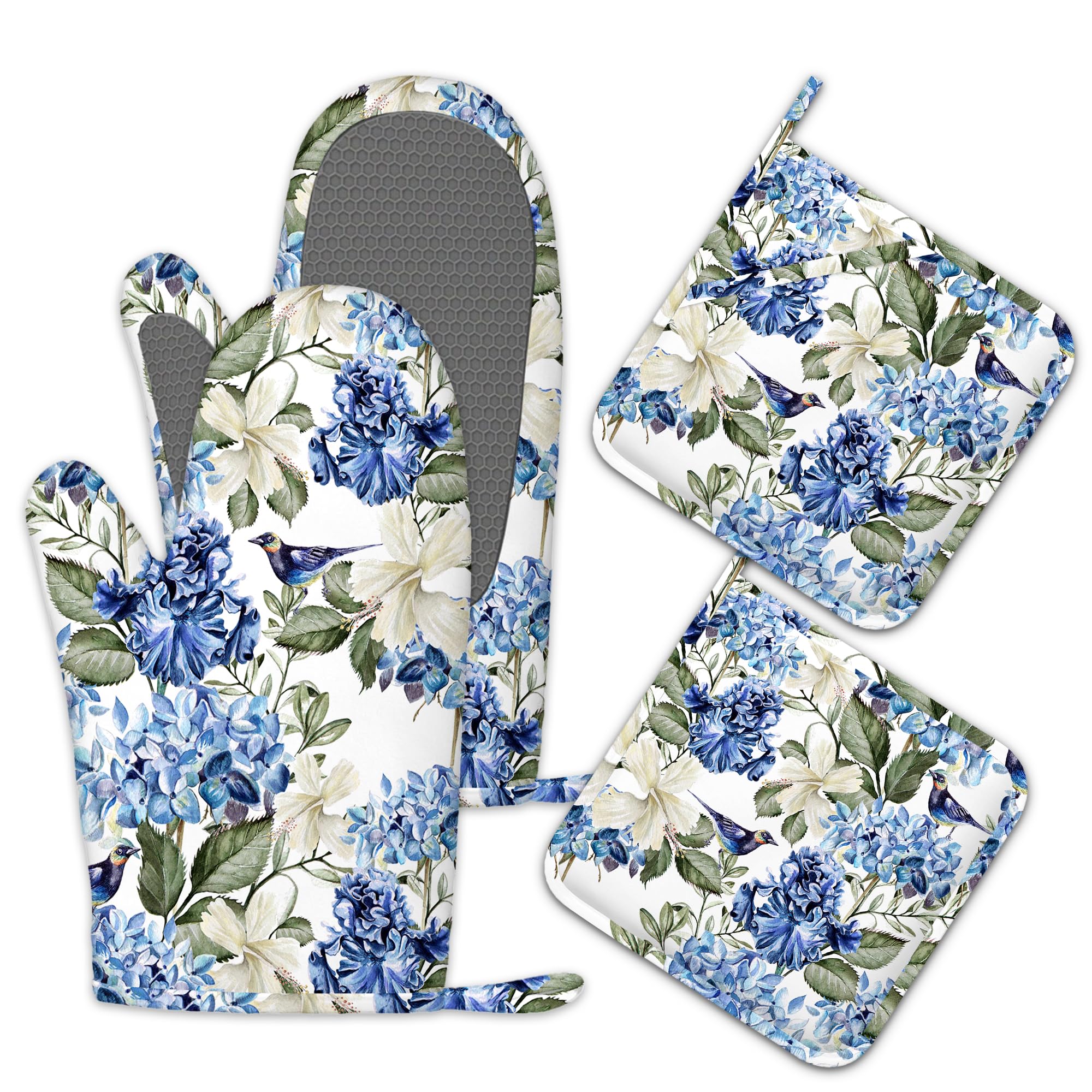 Hydrangea Iris Hunmmingbird Oven Mitts and Pot Holders Sets Silicone Kitchen Mitts Potholders Heat Resistant 4Pcs Oven Gloves Hot Pads for Kitchen Baking Cooking BBQ Grilling