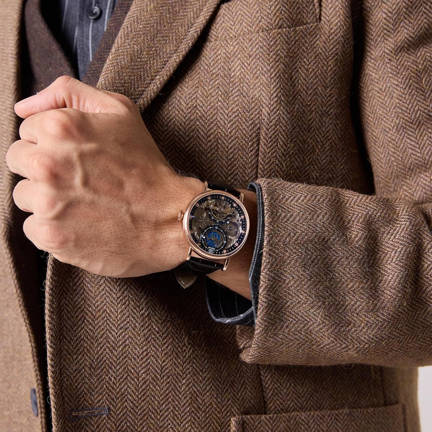 TIME100 Men's Automatic Watch Self Winding Mechanical Watch Genuine Leather Strap Skeleton Watches for Men - Image 3