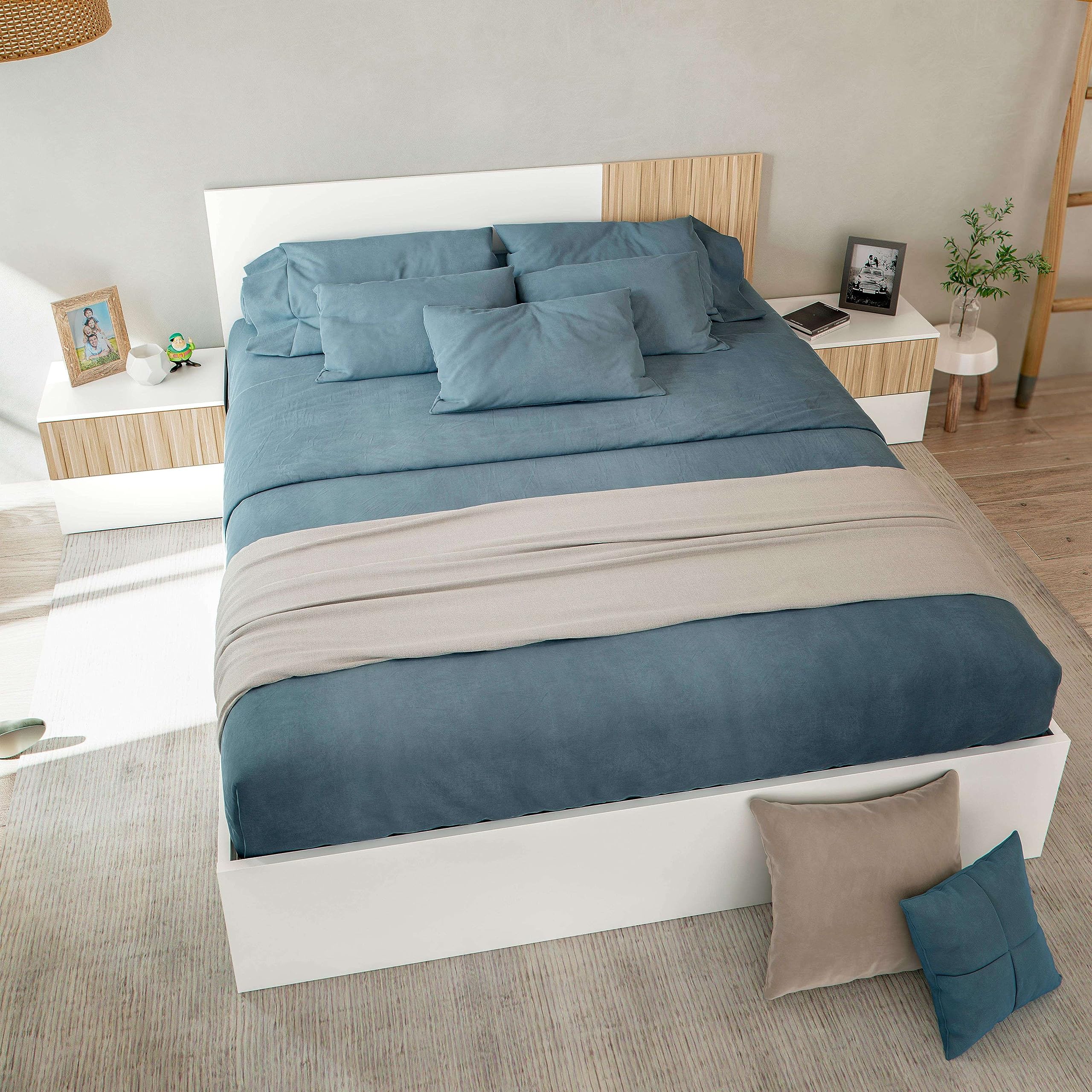 Habitdesign Cabezal + 2 Mesitas, 266x91x34 (AnchoxAltoxFondo-en cm), Color Blanco Artik y Natur, Cabezal Reversible y 2 Mesitas, Modelo Ethna