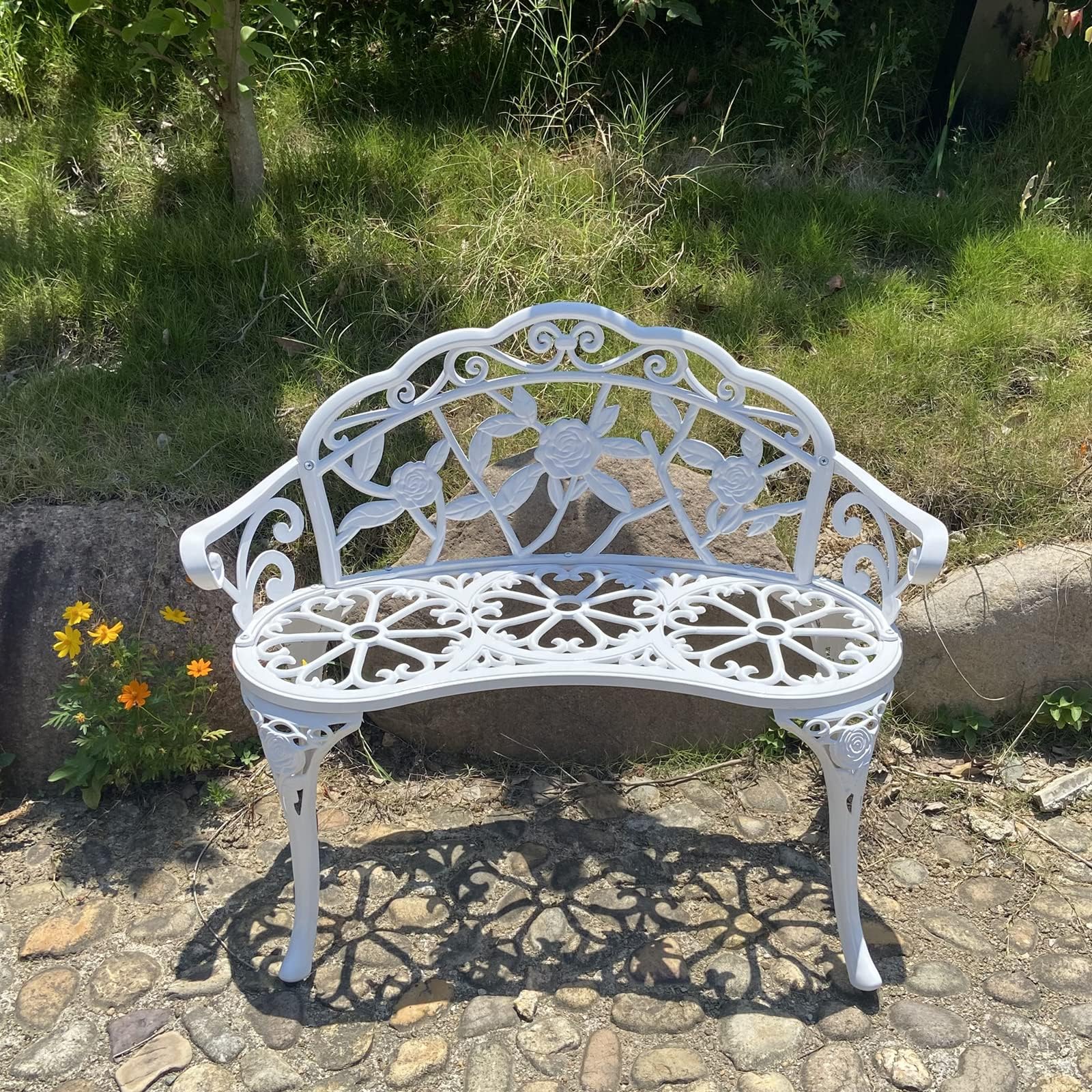 Panchina da giardino, in metallo, alluminio, rosa, adatta per giardino, veranda, parco, balcone, esterno (bianco)