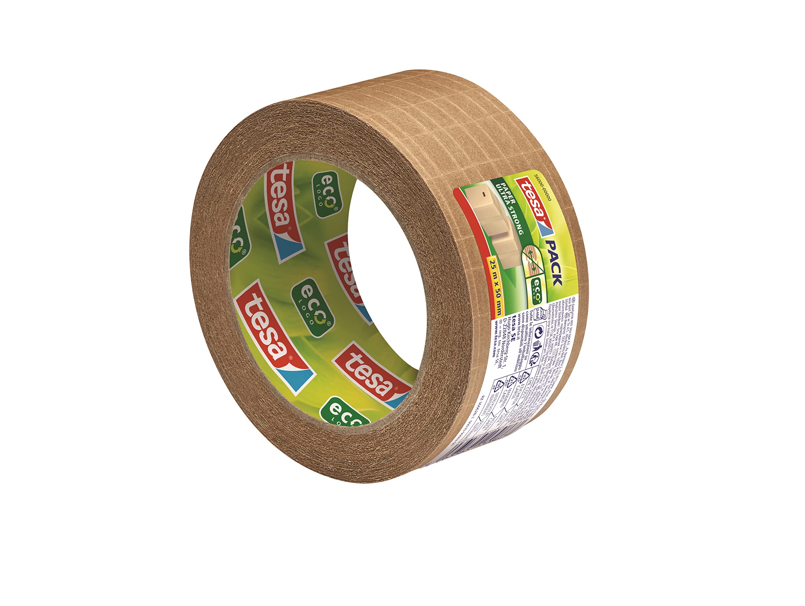 tesa Tesapack Lot de 12 rouleaux de ruban adhésif ultra résistant en fibre de verre, avec adhérence extra forte, fabriqué à partir de matières premières certifiées FSC, 25 m x 50 mm