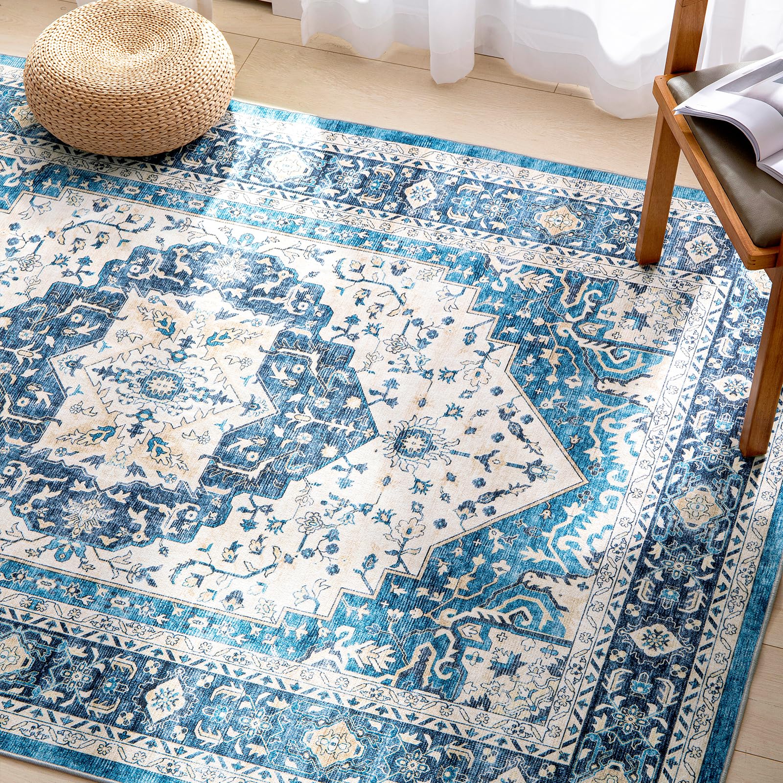 Carvapet Lavable Tapis de Passage 60x300cm Antidérapant Tapis de Couloir Long Fin Tapis de Sol Vintage Médaillon Bleu Tapis de Salon Chambre Cuisine