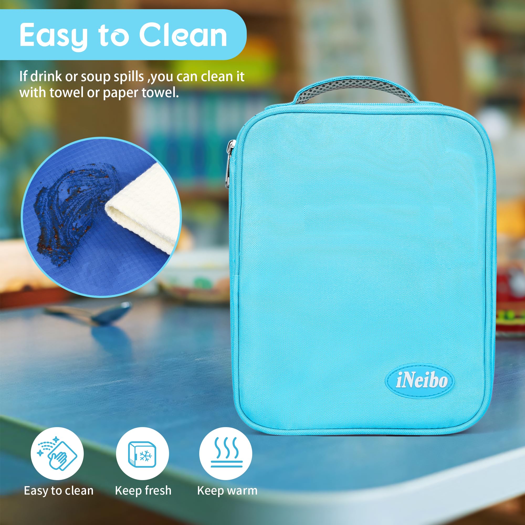 iNeibo Insulated Lunch Box Tote, Oxford Cloth Cool Bag, Water Resistant Thermal Cooler for Kids Adult School Work Picnic Travel - Blue - Image 4