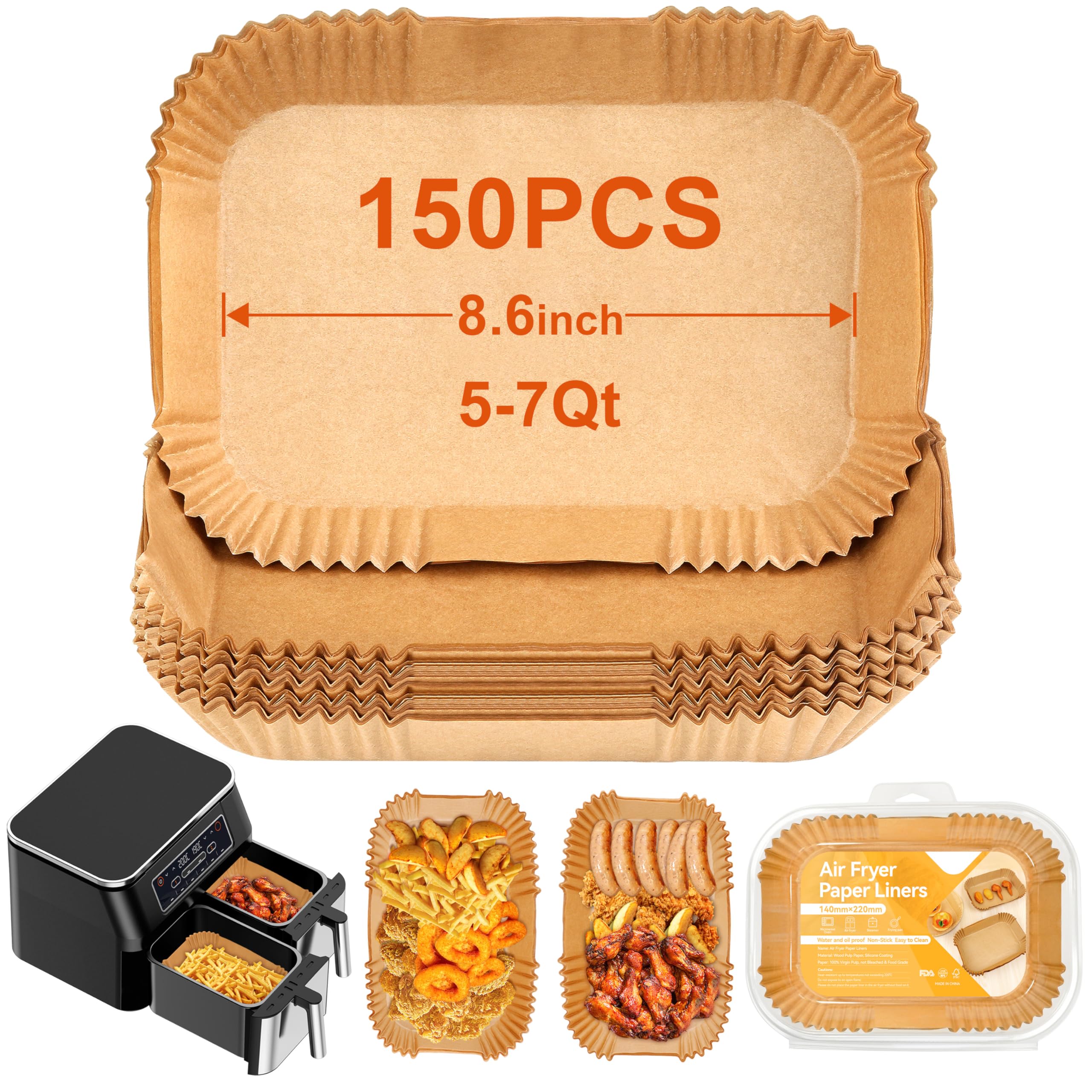 Seaflar 8.6 inch Rectangle Air Fryer Liners, 150Pcs Parchment Paper for Baking, BPA-Free Air Fryer Liners Disposable, Air Fryer Accessories Compatible with Ninja AF300UK AF400UK, Tower, Instant