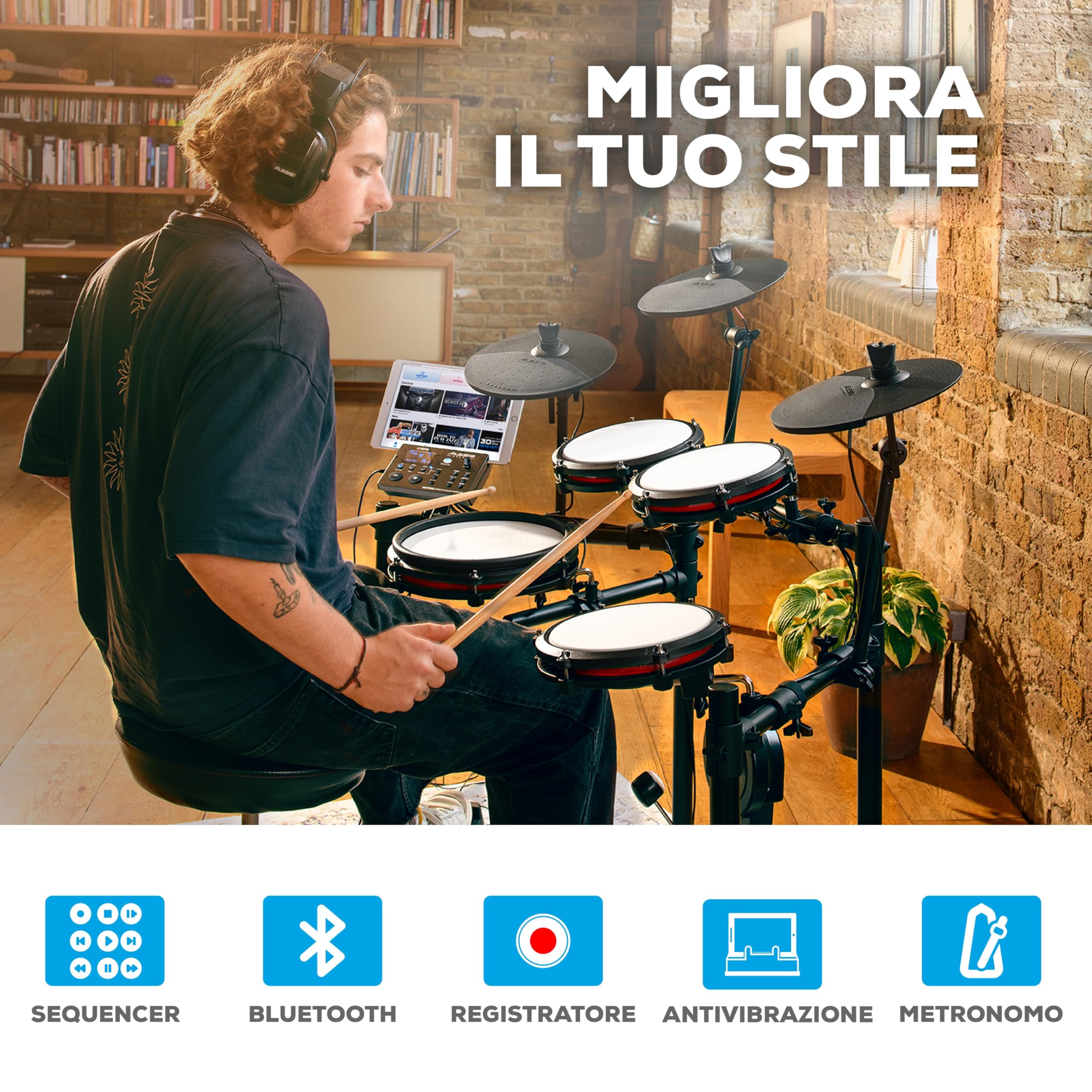 Alesis Nitro Max Kit Batteria Elettronica Mesh Silenziose Dual-Zone 10" Bluetooth 440+ Suoni BFD Drumeo USB MIDI Pedale Cassa