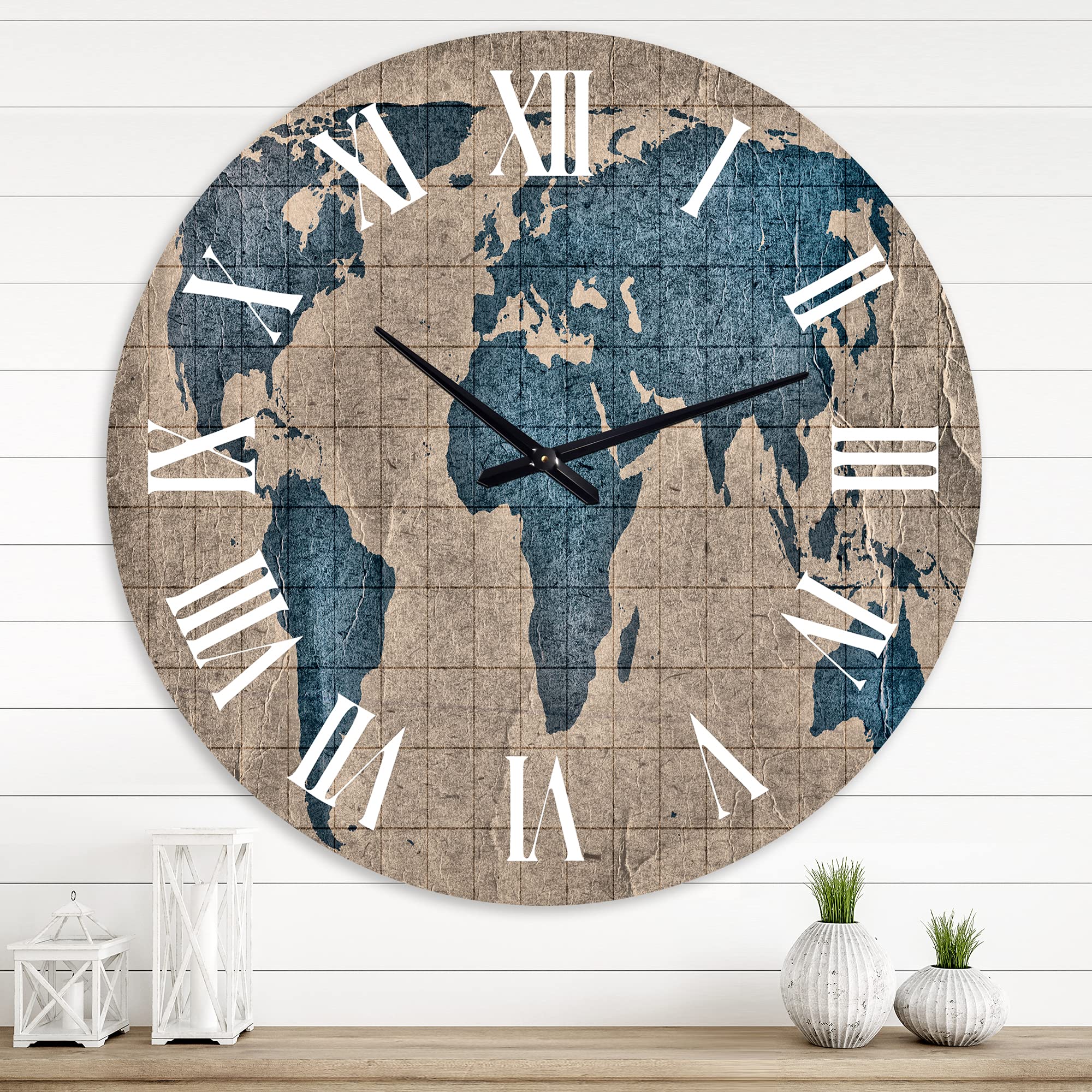 DesignQ Rustykalny zegar ścienny 'Ancient Map of The World I' mapa duży zegar ścienny do dekoracji kuchni