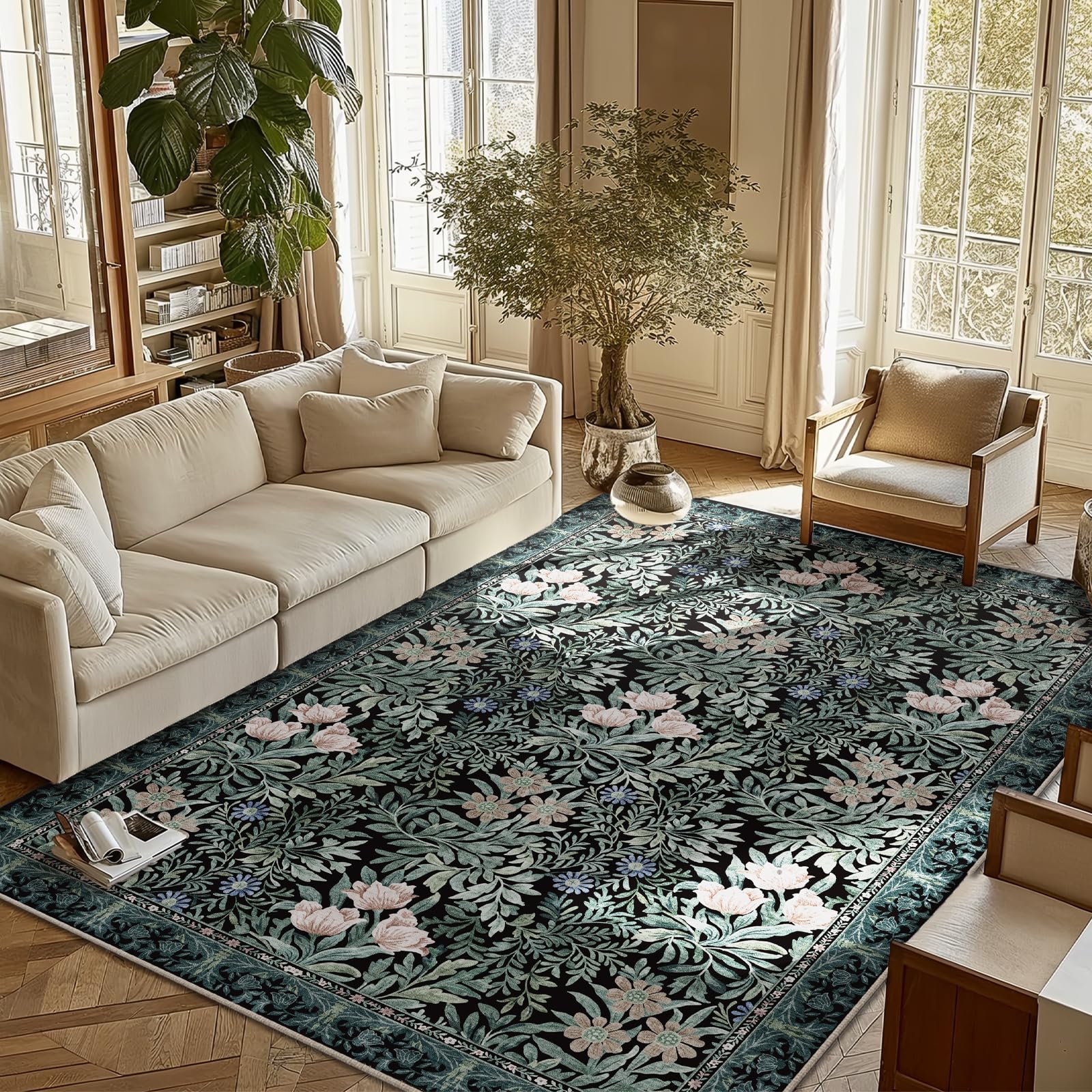 Washable Area Rugs 6x9 Black Green Vintage Floral Botanical Pattern,Perfect for Living Room, Bedroom, Kids Room, Nursery - Stain &amp; Water Resistant Non-Slip, Pet &amp; Child Friendly/Bedroom Decor