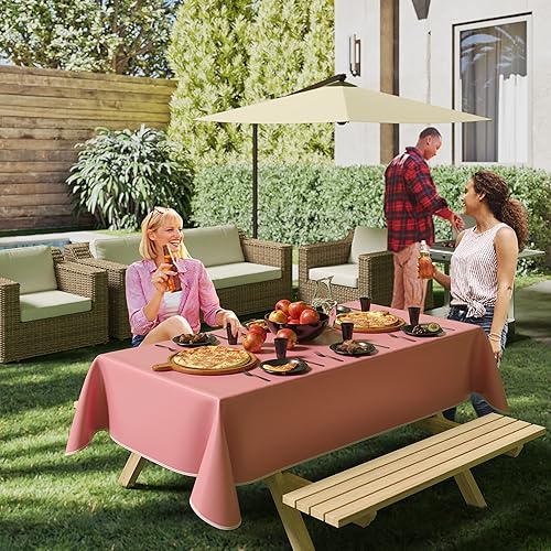 Miniatura 8 de Exquisite Manteles de vinilo rosa de 54 x 70 pulgadas, paquete de 3 manteles rectangulares con reverso de franela, plástico, reutilizable e