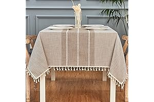 Boho Farmhouse Linen Tablecloth with Tassels for 8-10 Seats (55" x 102")