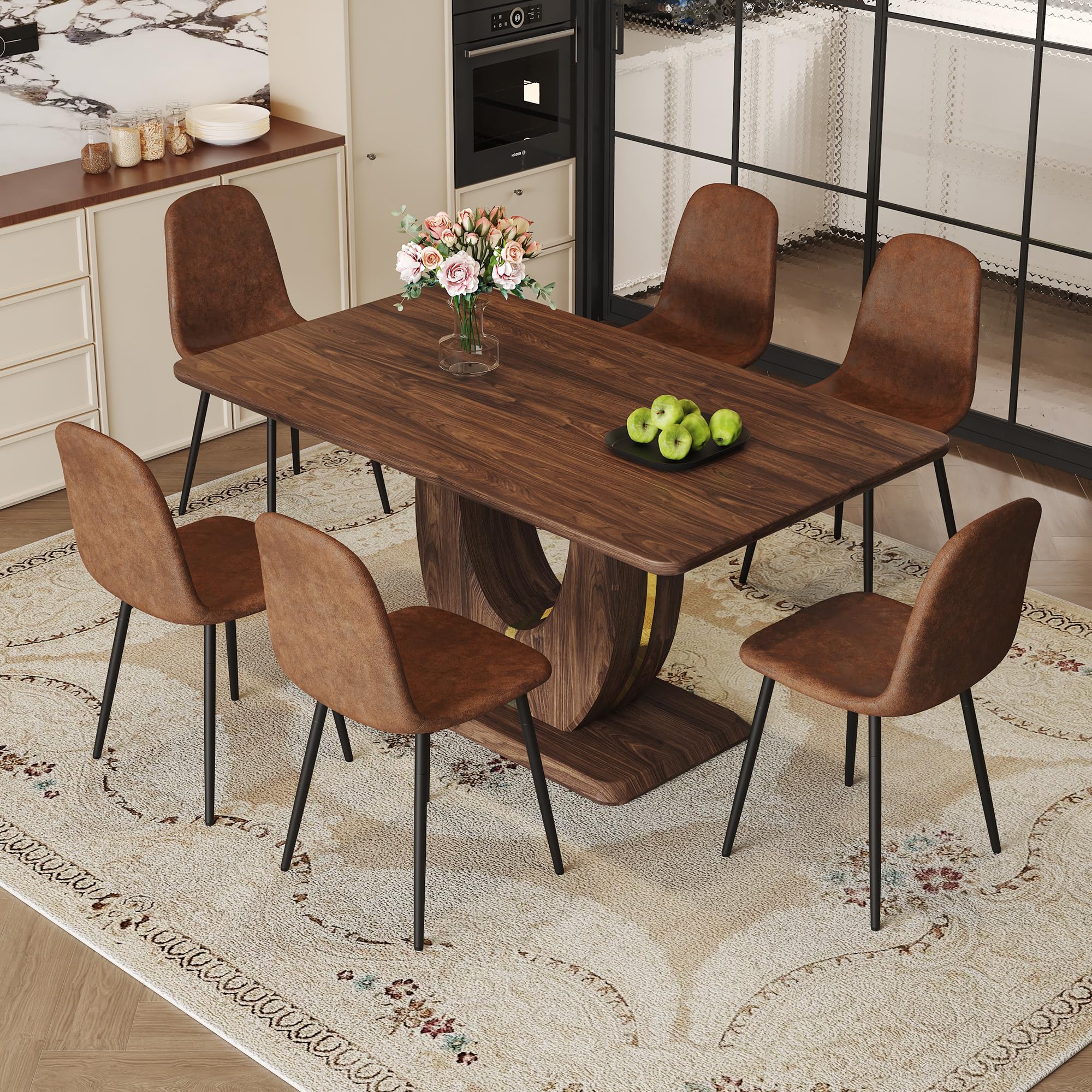 JUFU Dining Table Set for 6 with Chairs PU Upholstered, 63'' Walnut Faux Marble Dining Room Table and Chairs Brown-0501, Modern Dining Room Sets for 6