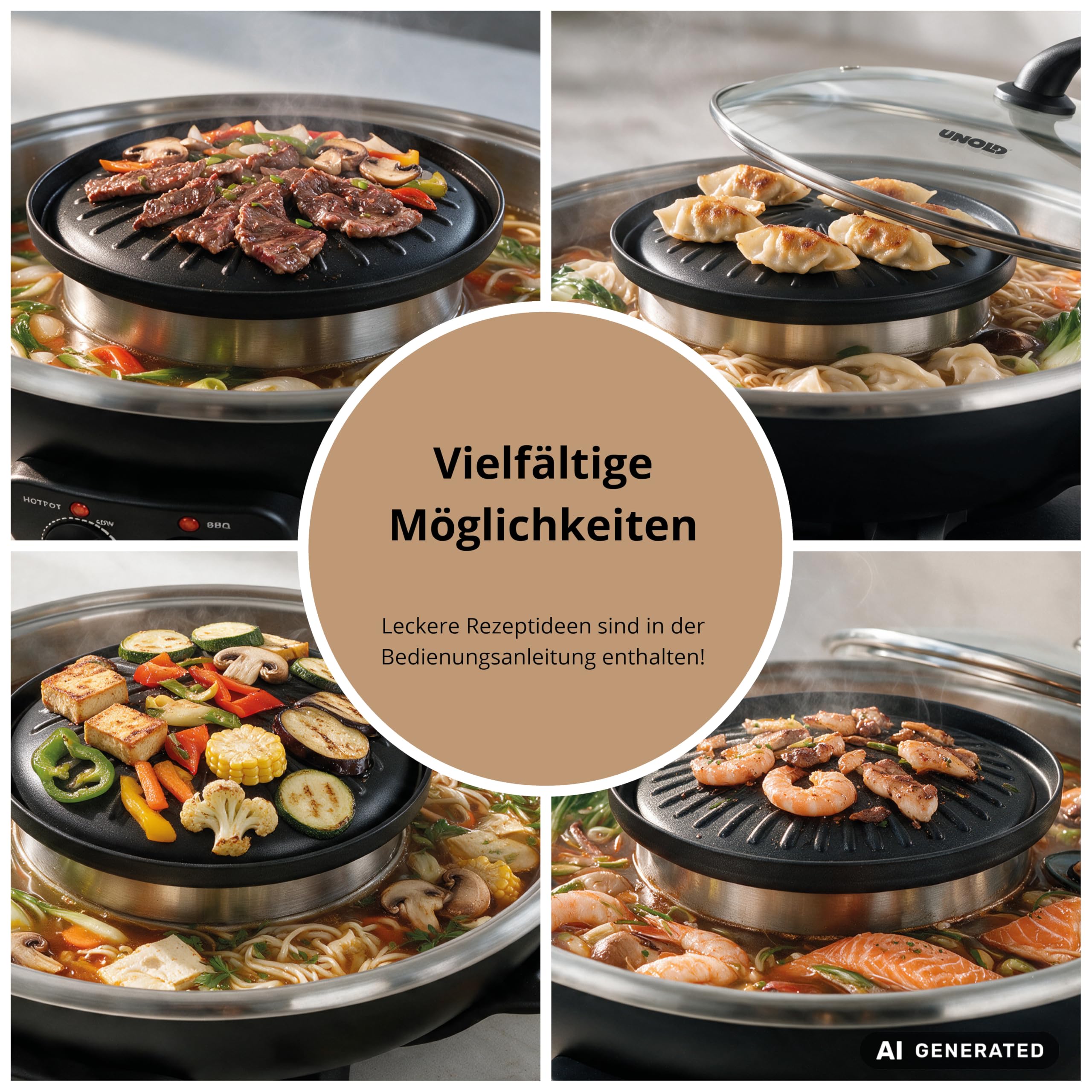 UNOLD Asia Fondue Hot Pot, barbecue électrique de table 2 en 1 et marmite à