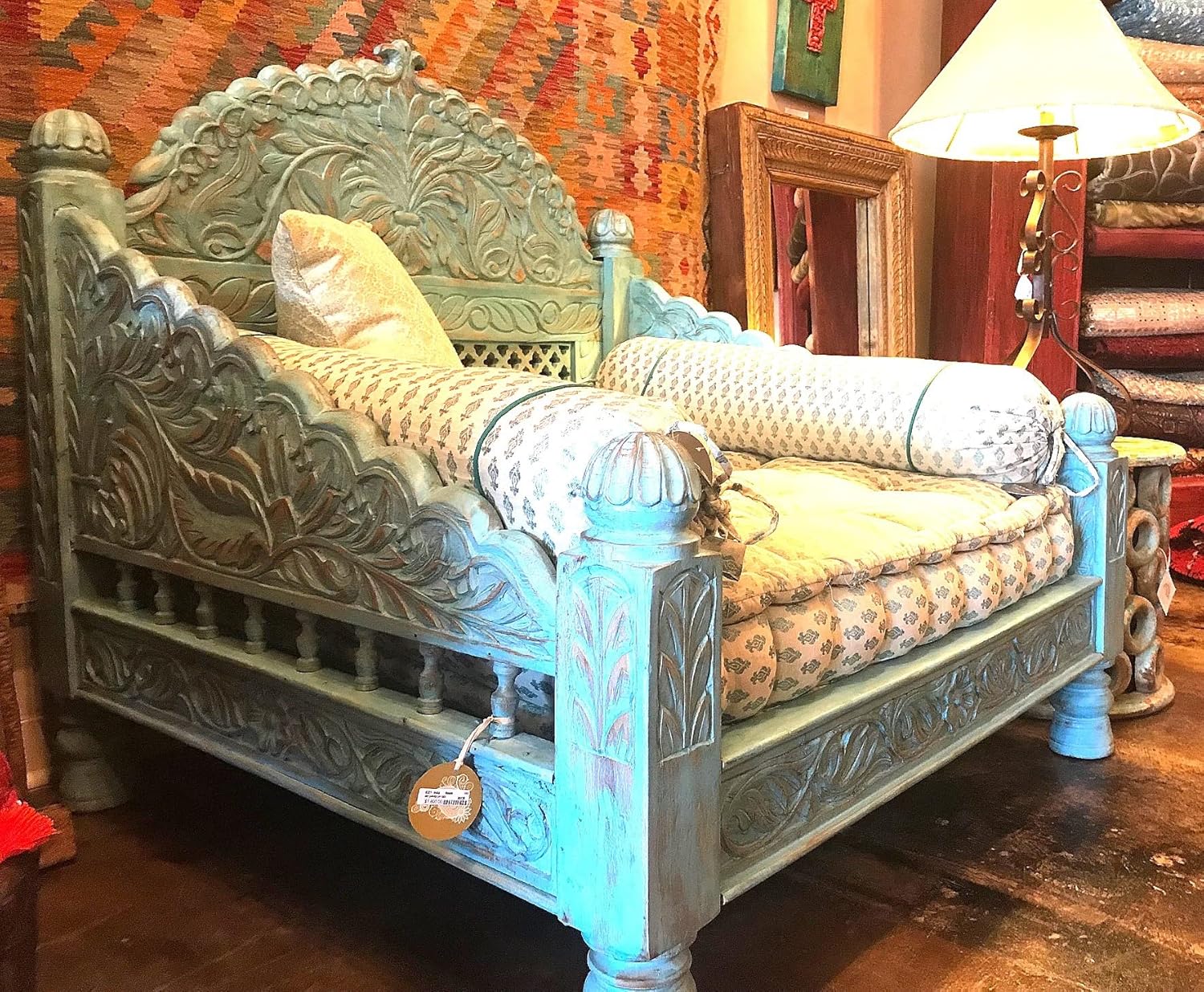 Carved Jhula Arch Love Seat. Hand Crafted from Solid Mahogany Wood. Designed & Imported by Worldcraft (Blue Percentage Finish, Love Seat: 34Dx33Wx42H)