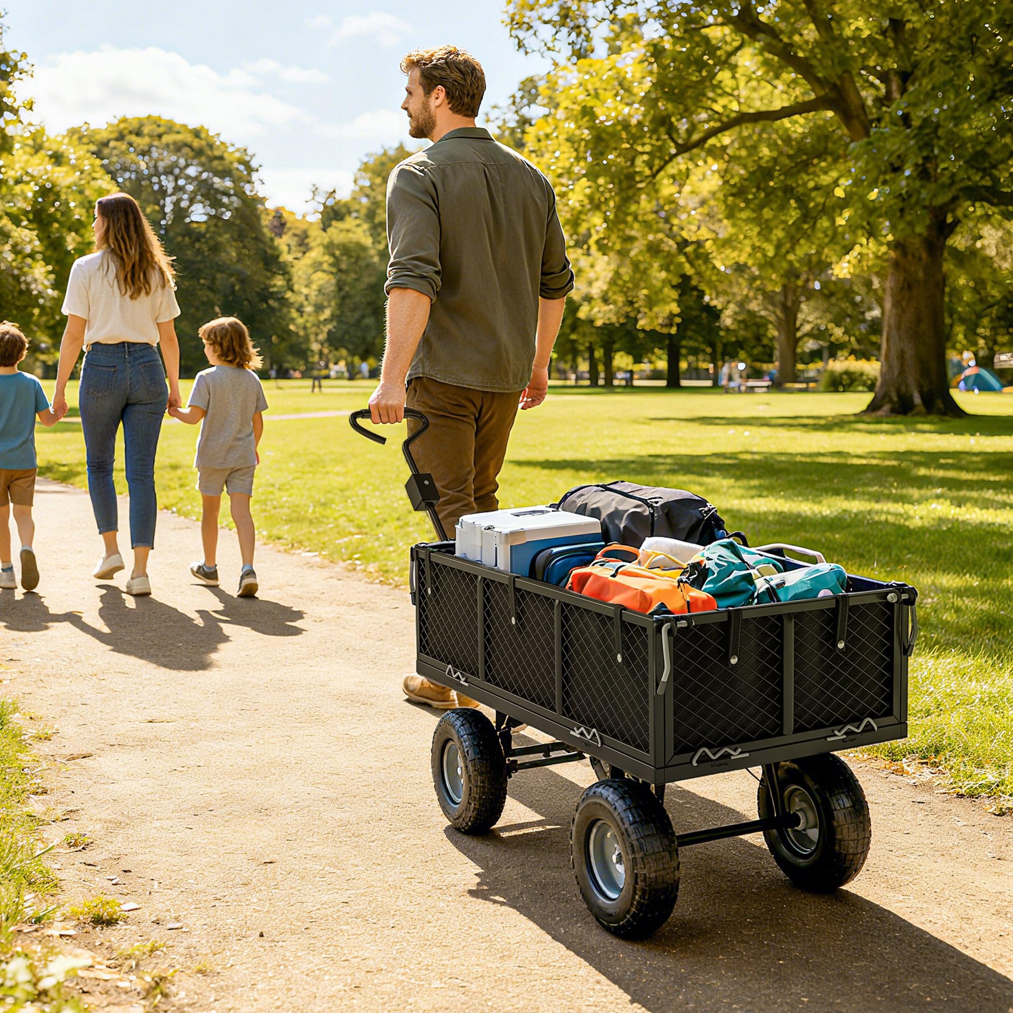 Outsunny Carrito de Jardín con Ruedas Grandes, Carga 300 kg, Carro de Mano con Asa Ajustable y Bolsa Impermeable Removible, Carrito de Transporte para Todo Terreno, Compra, Camping, Negro
