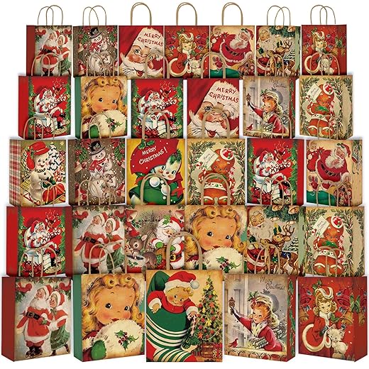 Tenceur 90 Pieces Christmas Gift Bags with Handles Medium Size Christmas Bags Bulk Reusable Kraft Christmas Goody Bags for Xmas Gifts Wrapping Shopping Party Favors, 7.5" x 9" x 3.5", Retro Styles
