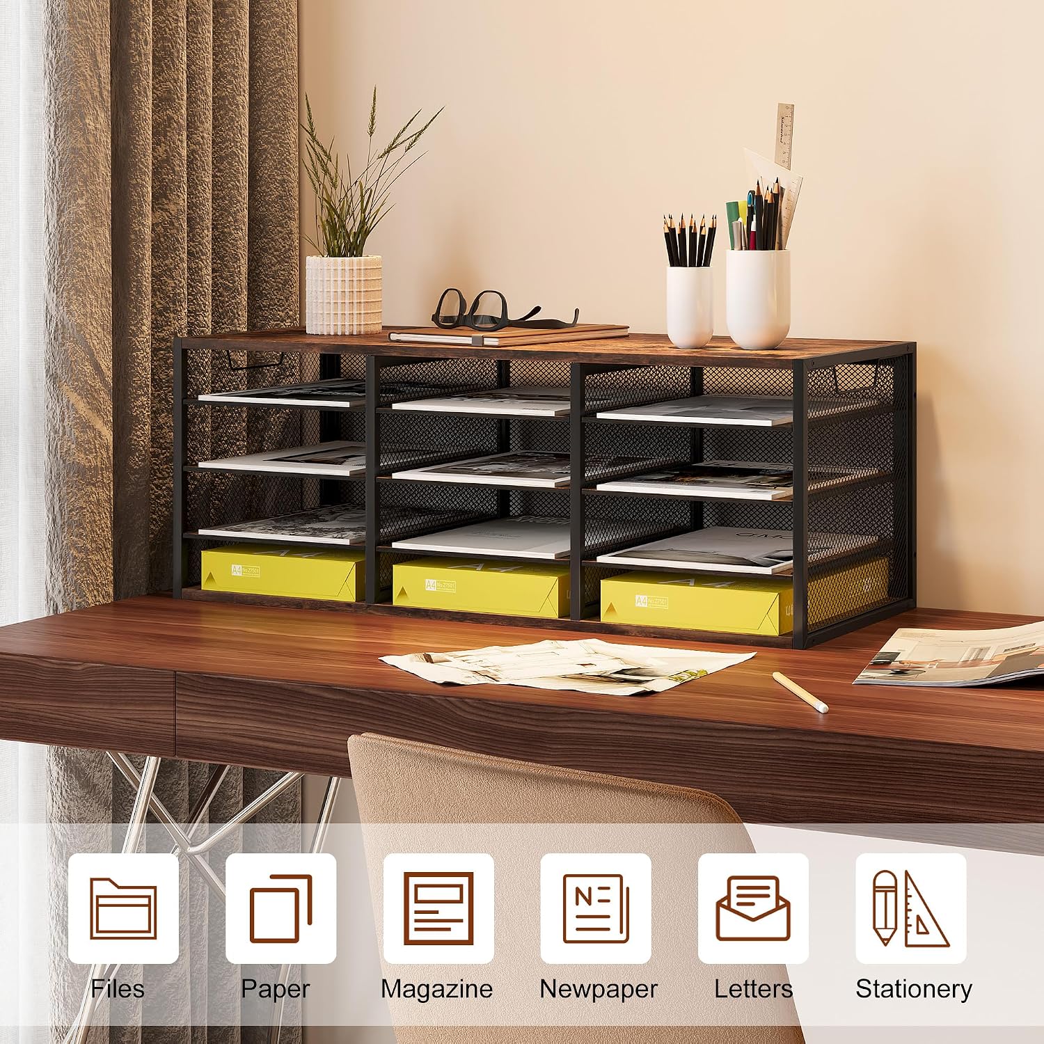 TQVAI 12 Compartments Desktop Literature Organizer, Metal Frame Paper Sorter with Handles, Heavy Duty Mailbox for Classroom and Office, Wood File Organizer for Document, Bill, Magazine, Antique Brown