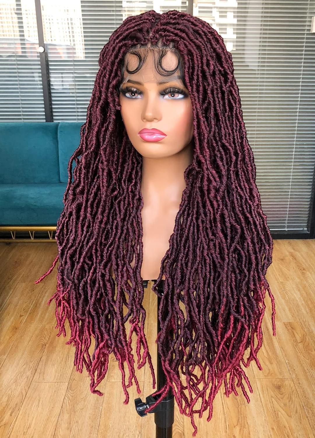 Annivia 32Inch Full Double Lace Box Braided Wigs for Black Women Faux Locs Square Knotless Wigs with Baby Hair Long Dreadlock Wig Natural Black Hand-braided Synthetic Twist Lace locs Wig Ombre Red