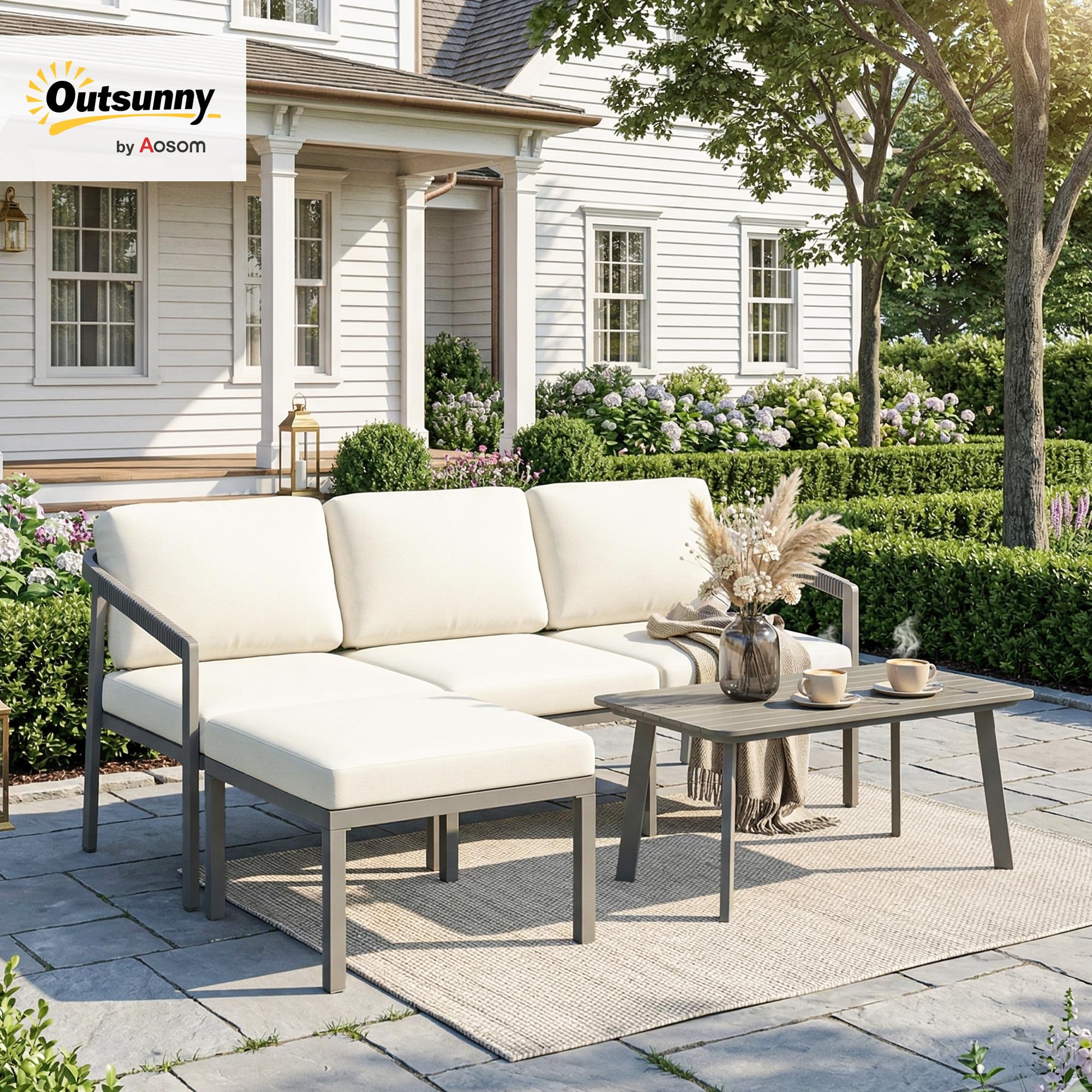 Outsunny Conjunto de Muebles Jardín Exterior Sofá Exterior Marrón Beige | 3 Piezas, Seccional Forma de L, Sofá de 3 Plazas, Reposapiés, Mesa Centro de Listones, Cojines de 10 cm, Terraza Patio