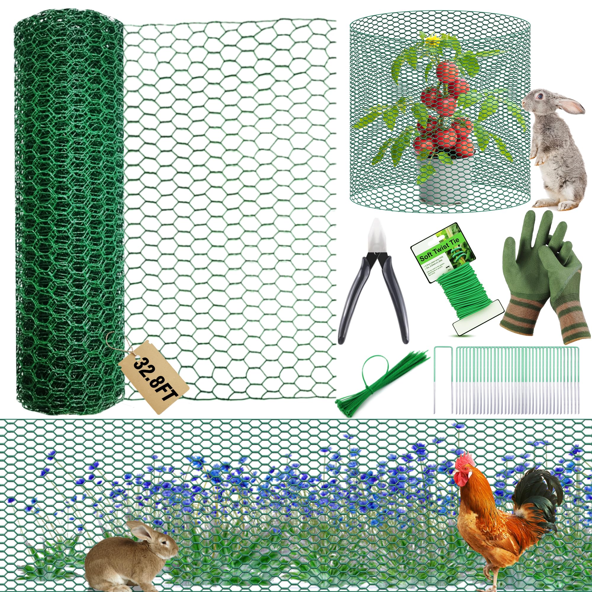 Photo 1 of 32.8FT x16Inch Plant Protectors from Animals - Wire Plant Protector Cages for Outdoor Plants, Free-Cut Metal Mesh Plant Covers Guards Fence, Chicken Wire Cloche with Ground Stakes,Zip Ties